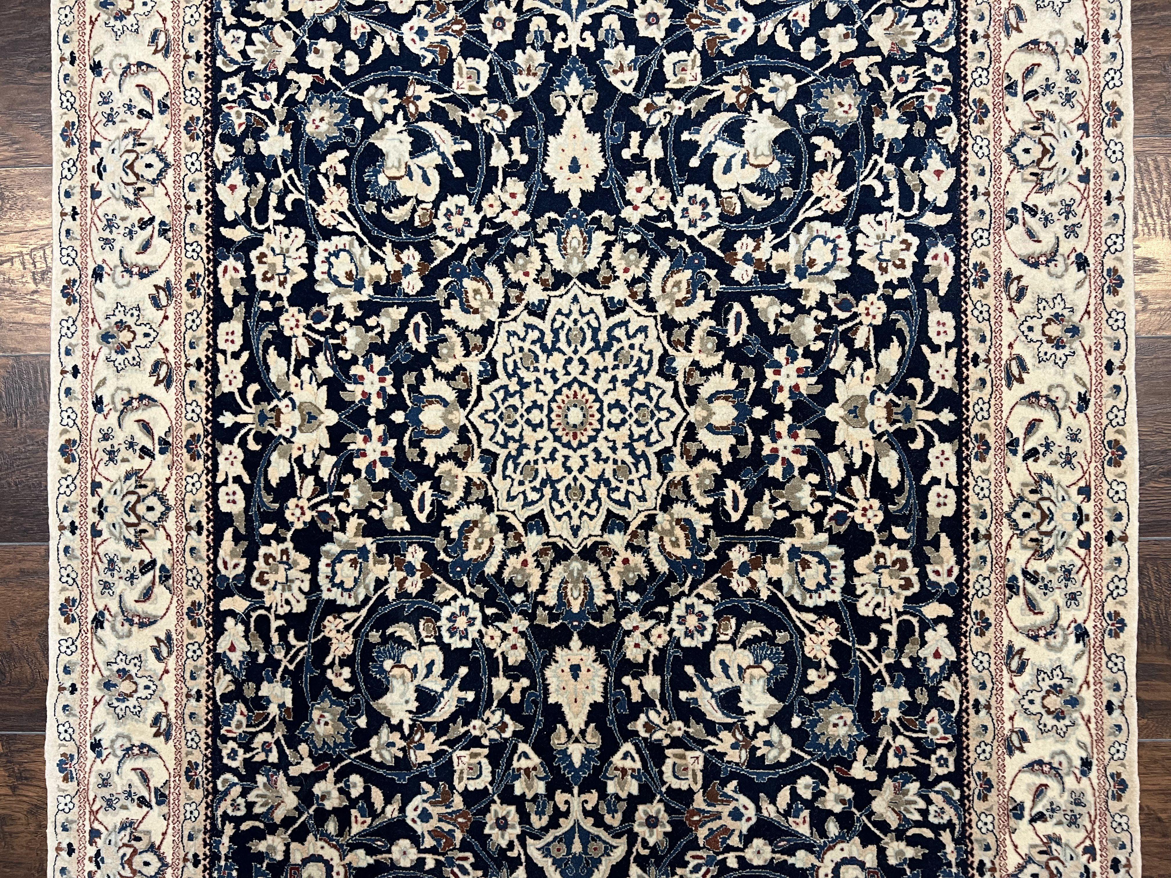 Very Fine Persian Nain Rug 3.7 x 6, Floral Medallion, Wool and Silk Accents, Highly Detailed, Hand Knotted Oriental Carpet, Navy Blue Ivory/Cream - Image 11