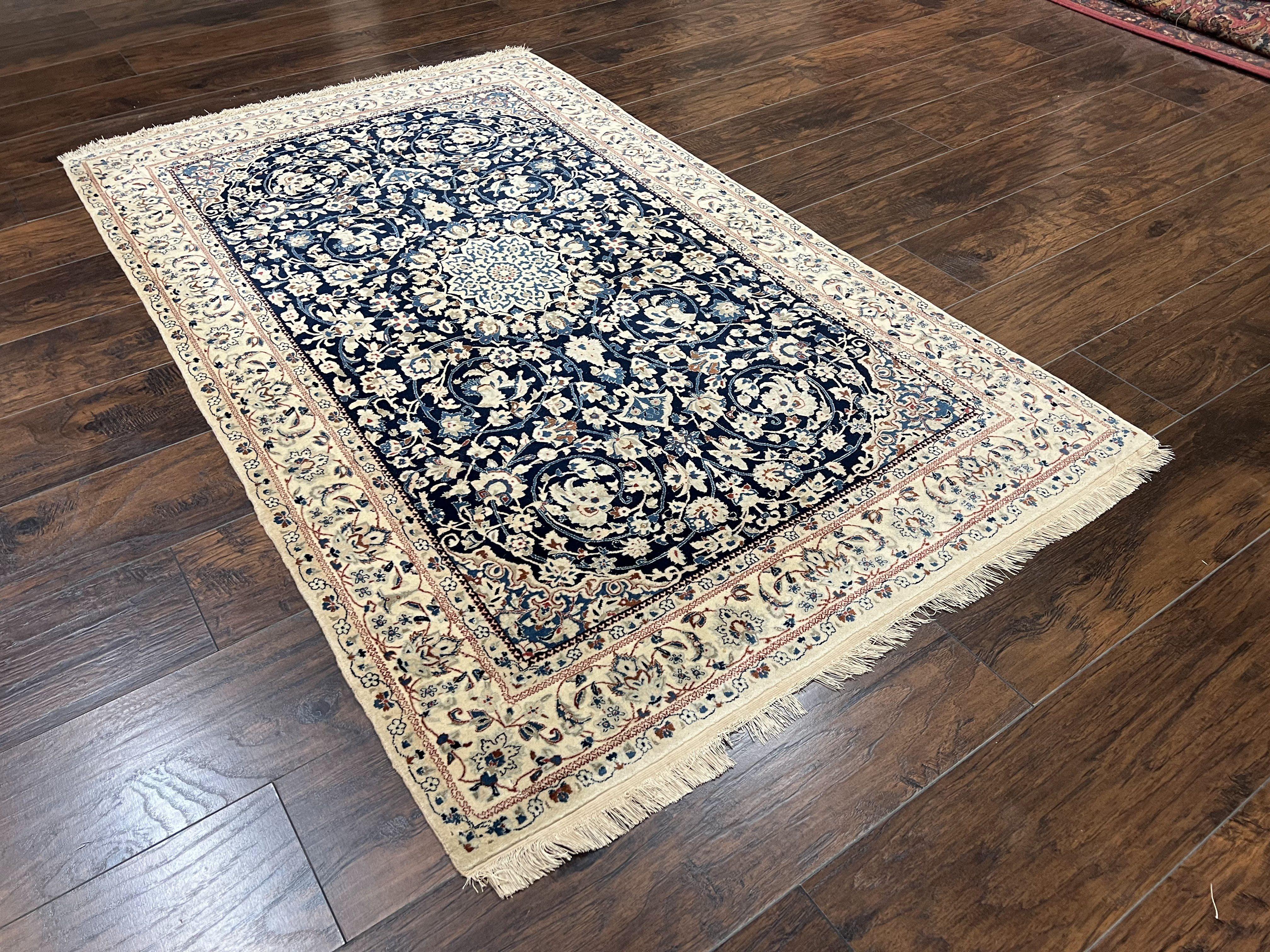 Very Fine Persian Nain Rug 3.7 x 6, Floral Medallion, Wool and Silk Accents, Highly Detailed, Hand Knotted Oriental Carpet, Navy Blue Ivory/Cream - Image 12