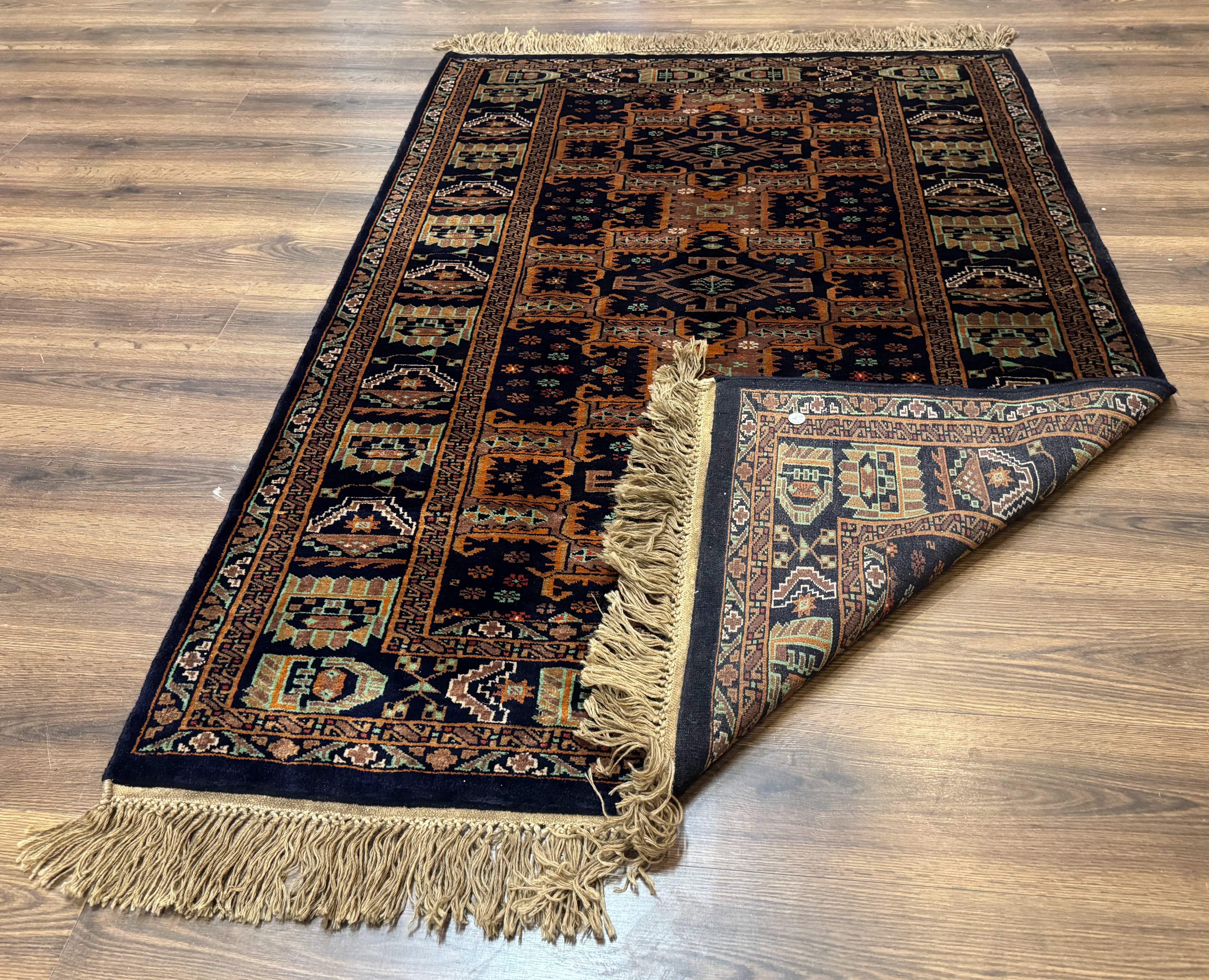Vintage Afghan Rug 4x6, Navy Blue and Light Brown, Geometric Medallions, Wool on Wool, Tribal Rug - Image 11