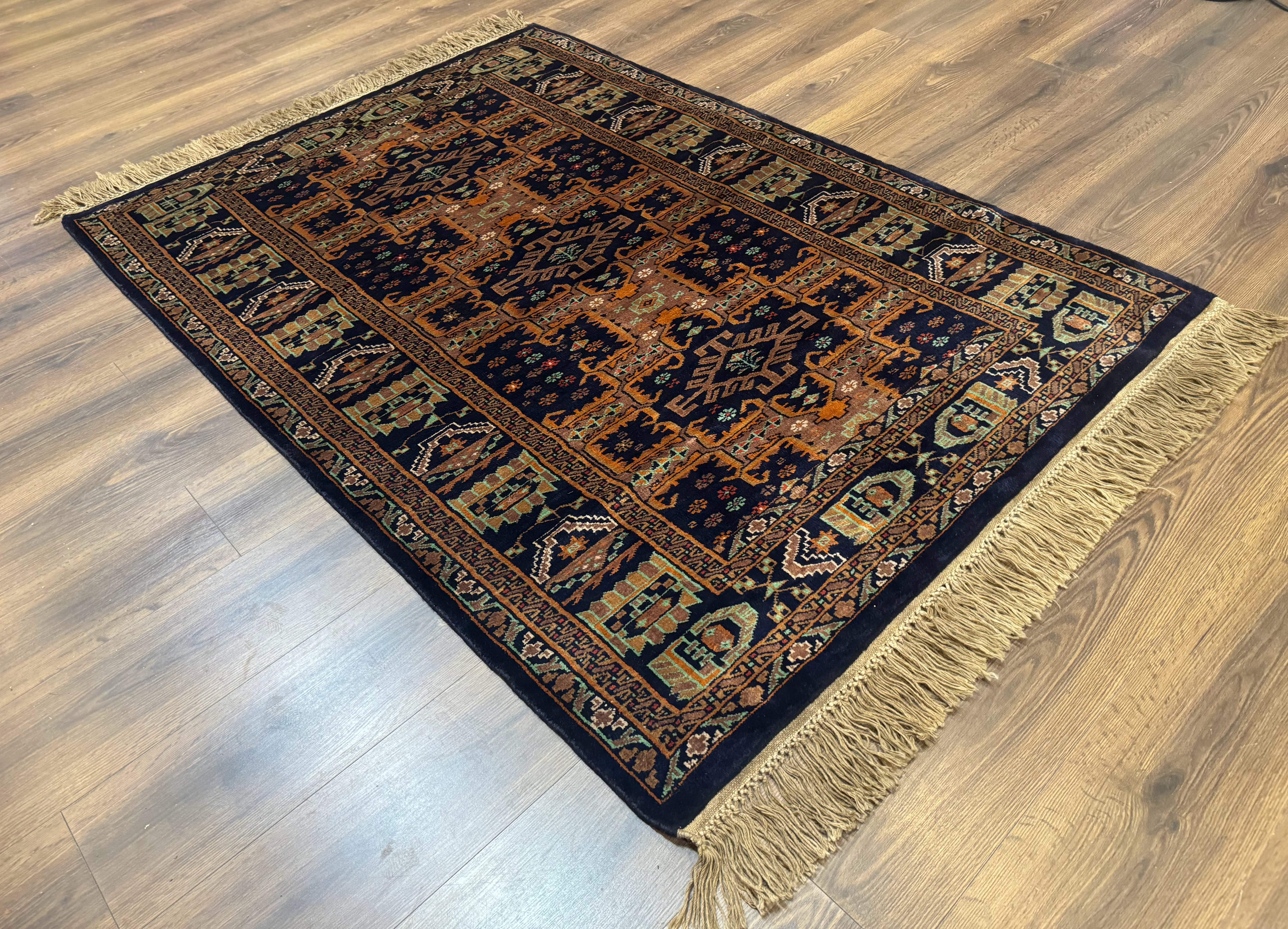 Vintage Afghan Rug 4x6, Navy Blue and Light Brown, Geometric Medallions, Wool on Wool, Tribal Rug - Image 12