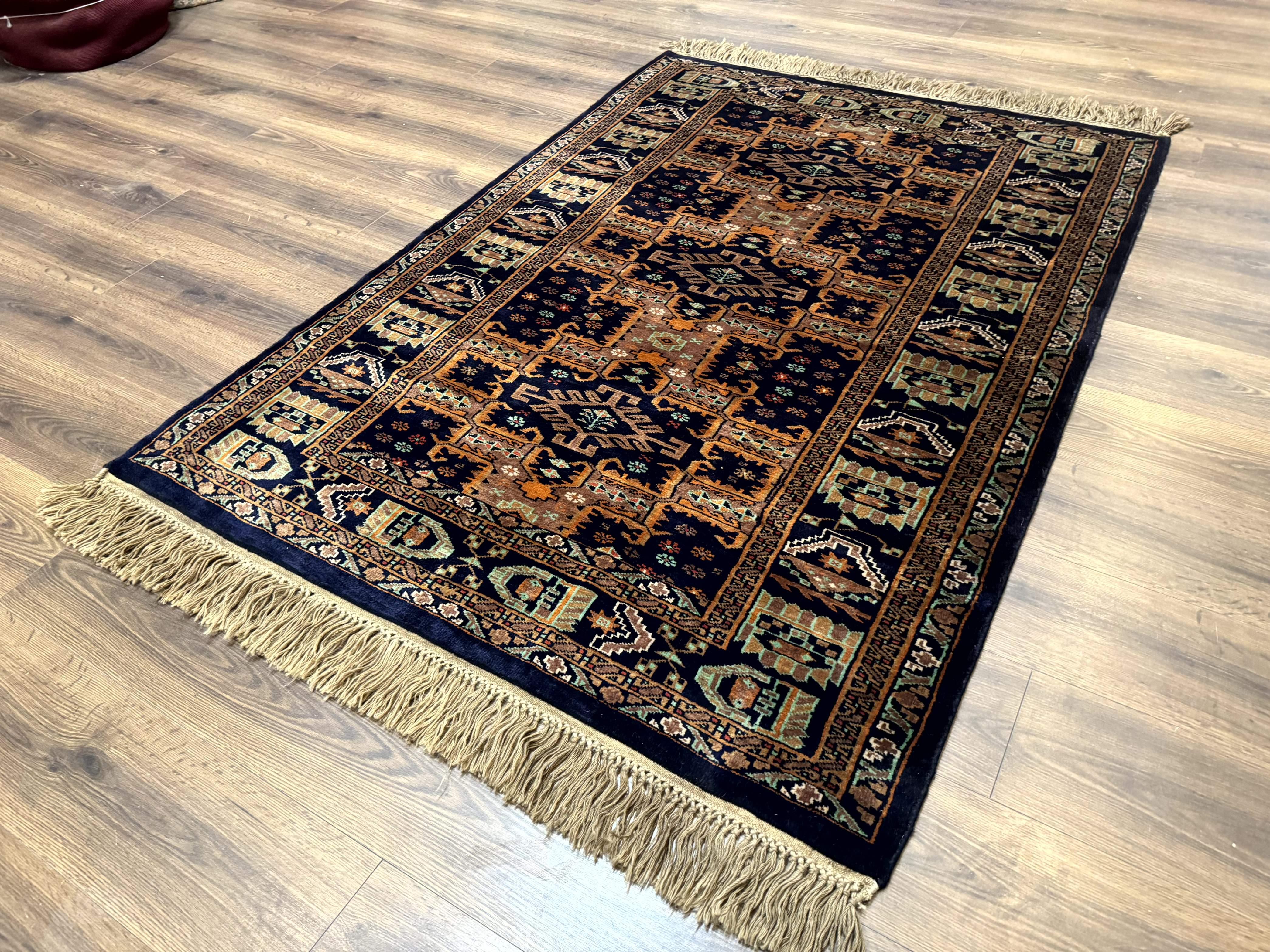 Vintage Afghan Rug 4x6, Navy Blue and Light Brown, Geometric Medallions, Wool on Wool, Tribal Rug - Image 2