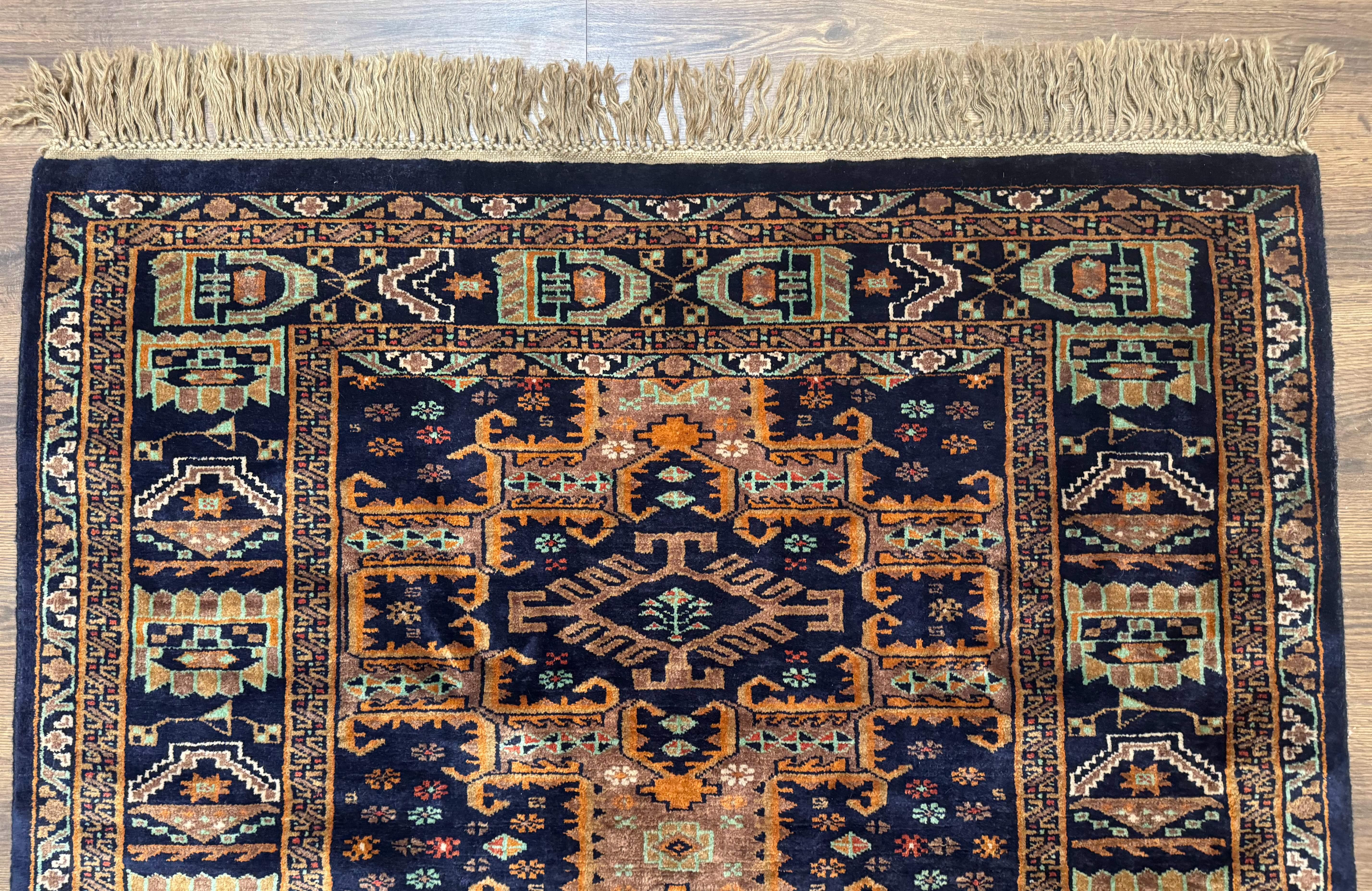 Vintage Afghan Rug 4x6, Navy Blue and Light Brown, Geometric Medallions, Wool on Wool, Tribal Rug - Image 3