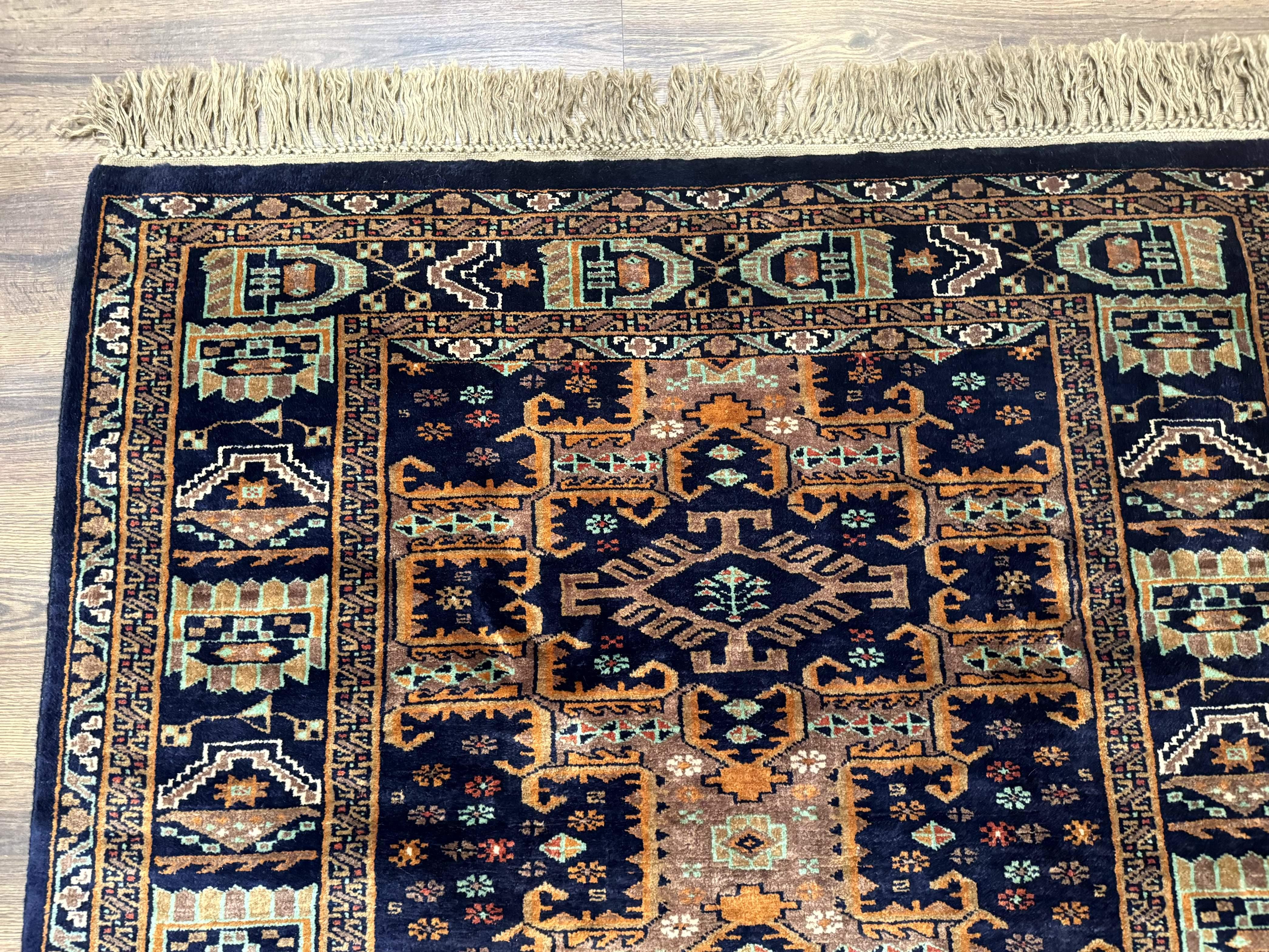 Vintage Afghan Rug 4x6, Navy Blue and Light Brown, Geometric Medallions, Wool on Wool, Tribal Rug - Image 6