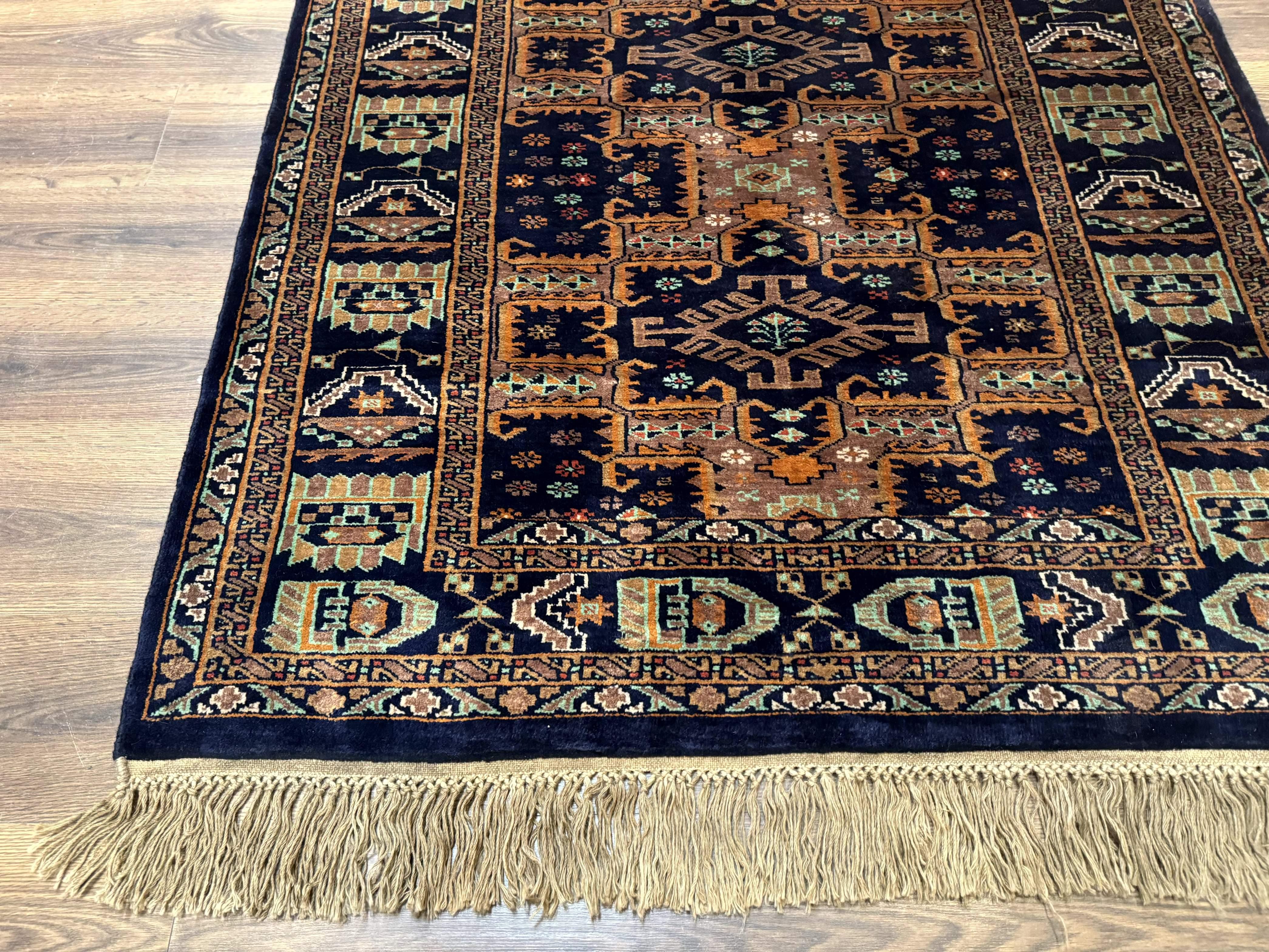 Vintage Afghan Rug 4x6, Navy Blue and Light Brown, Geometric Medallions, Wool on Wool, Tribal Rug - Image 8