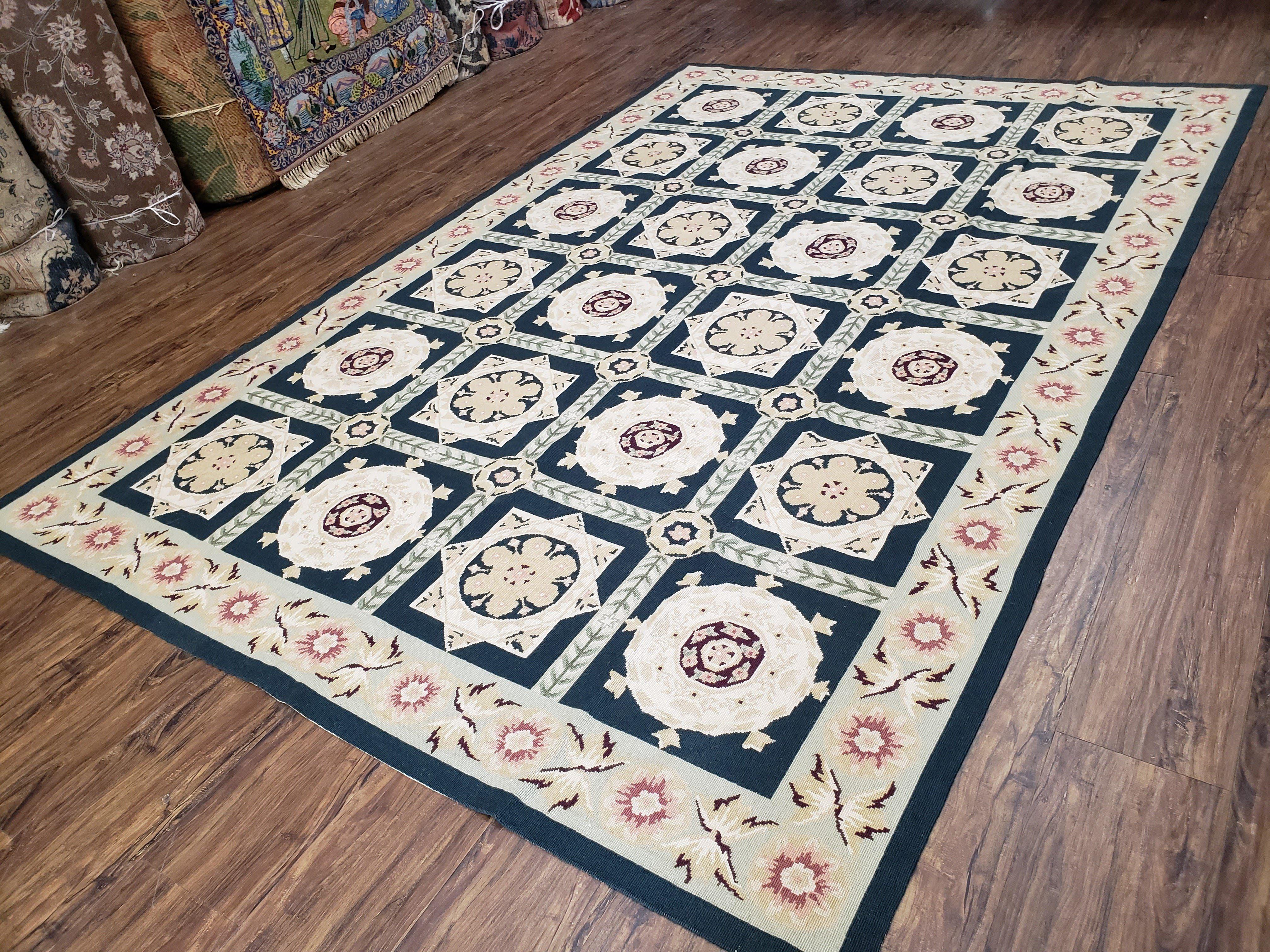 Vintage Chinese Needlepoint Rug 6x9, Panel Design Area Rug Wool Hand-Woven Black & Ivory Carpet Flat Weave Bedroom Rug 6 x 9 Living Room Rug - Image 2