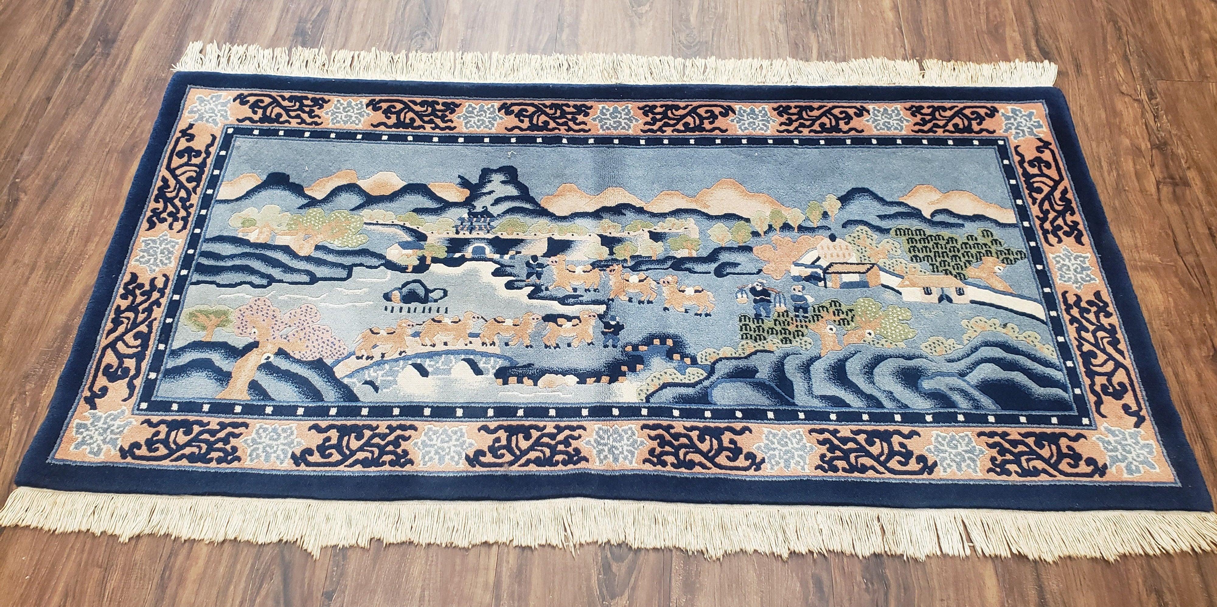 Vintage Chinese Pictorial Rug 2'4" x 4' 7", Chinese Village, Wool Hand-Knotted Blue & Teal Fine Carpet, Tapestry Rug, Woven Wall Art - Image 2