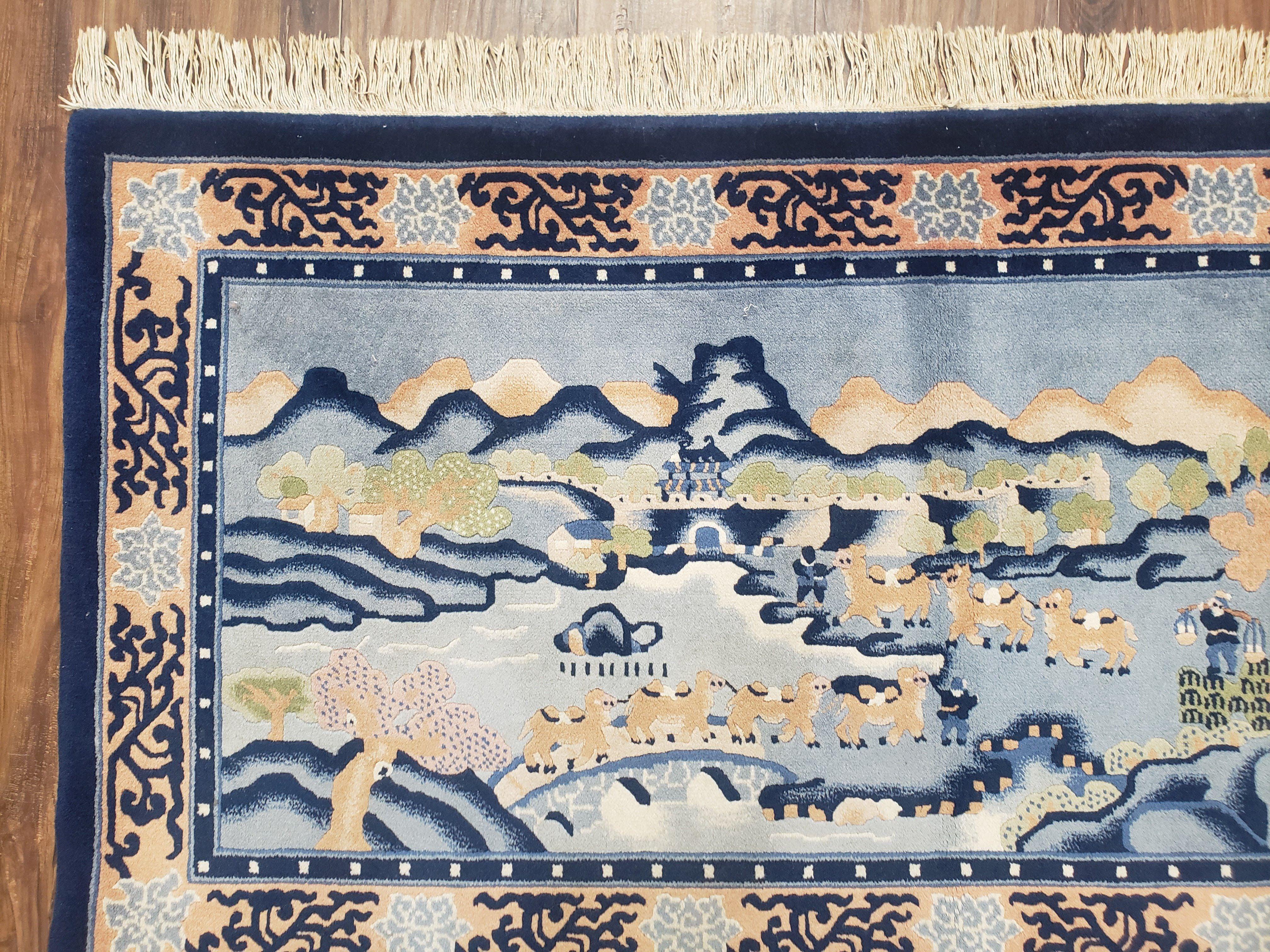 Vintage Chinese Pictorial Rug 2'4" x 4' 7", Chinese Village, Wool Hand-Knotted Blue & Teal Fine Carpet, Tapestry Rug, Woven Wall Art - Image 3