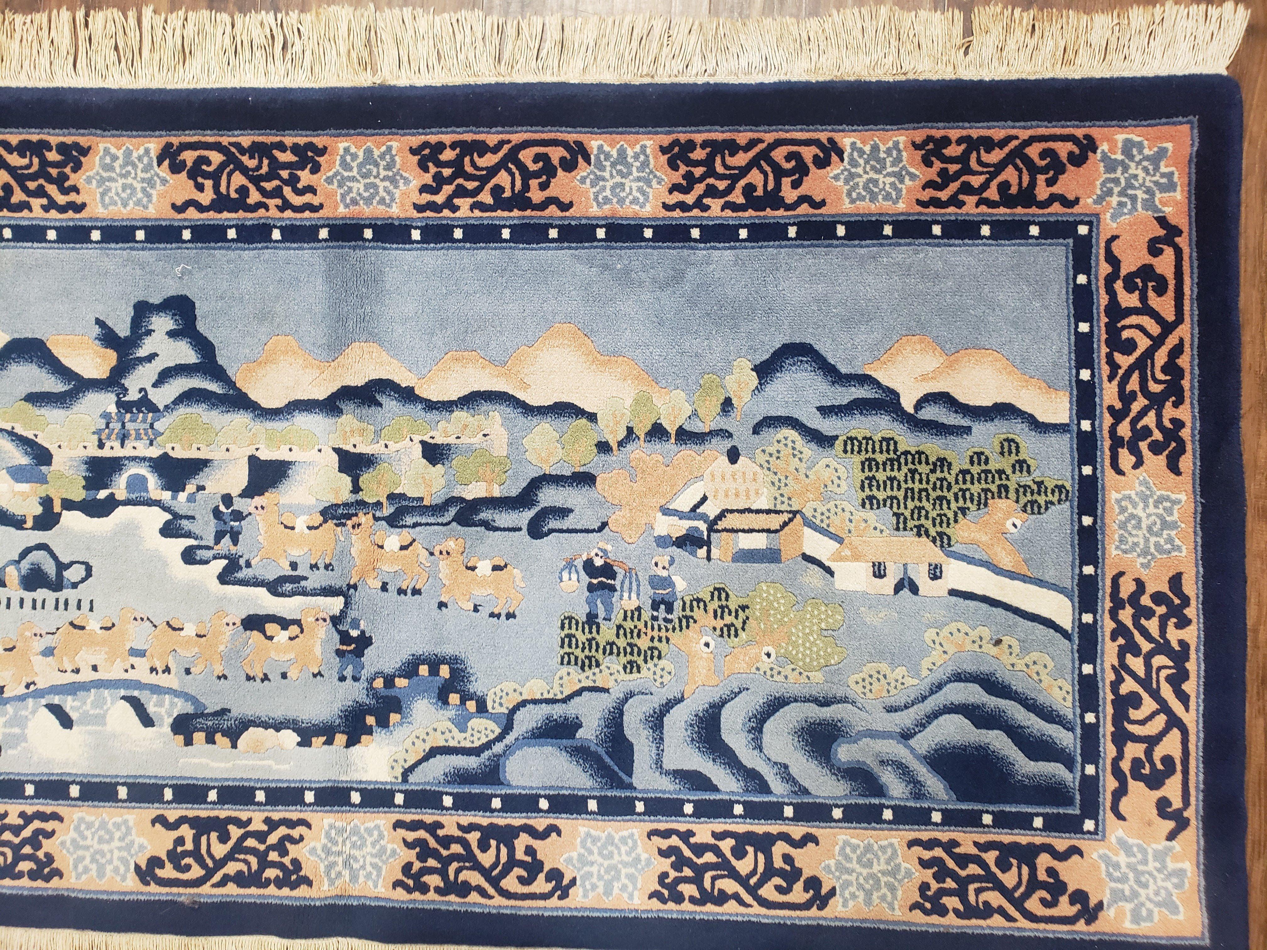 Vintage Chinese Pictorial Rug 2'4" x 4' 7", Chinese Village, Wool Hand-Knotted Blue & Teal Fine Carpet, Tapestry Rug, Woven Wall Art - Image 4