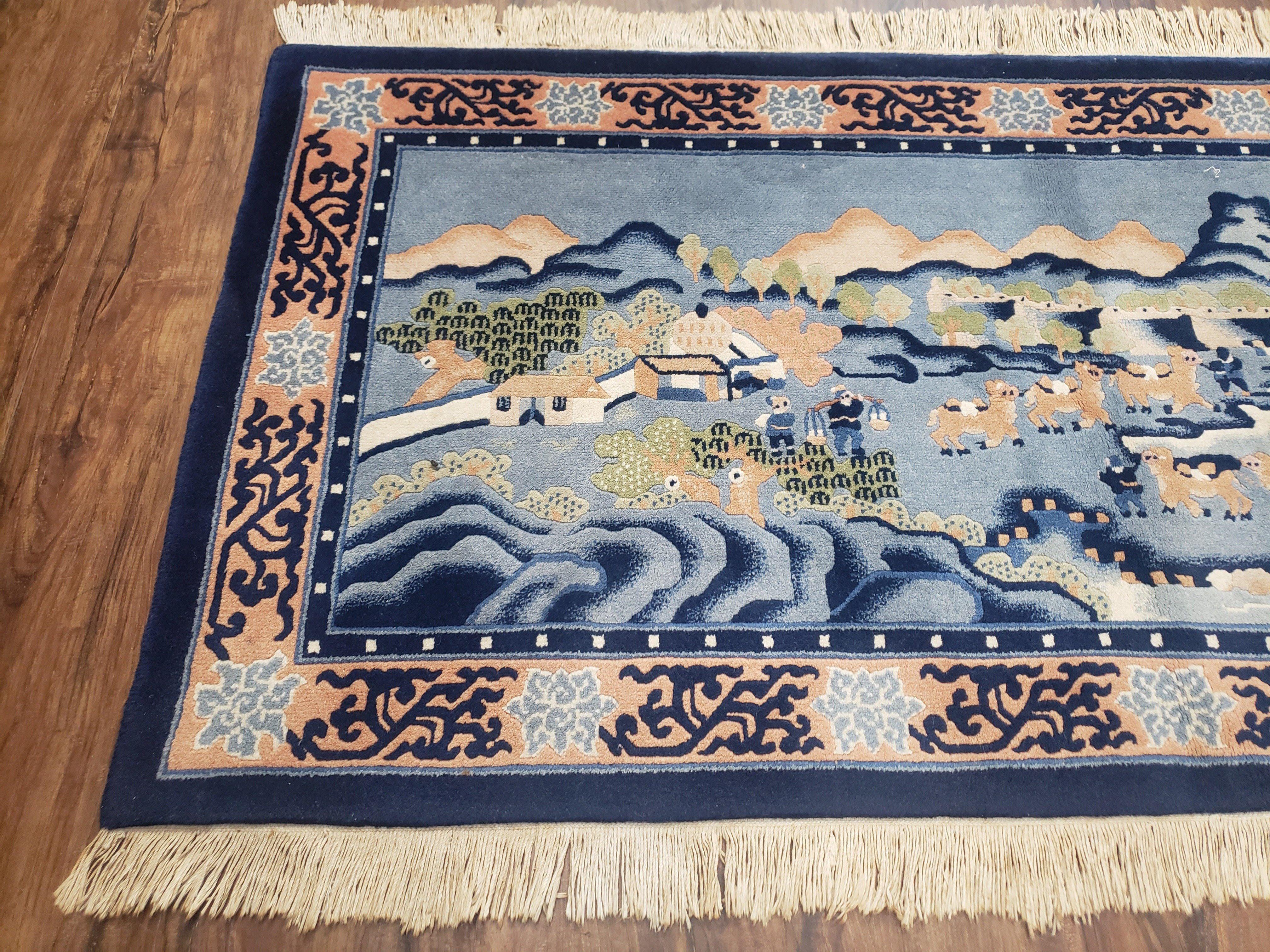Vintage Chinese Pictorial Rug 2'4" x 4' 7", Chinese Village, Wool Hand-Knotted Blue & Teal Fine Carpet, Tapestry Rug, Woven Wall Art - Image 5
