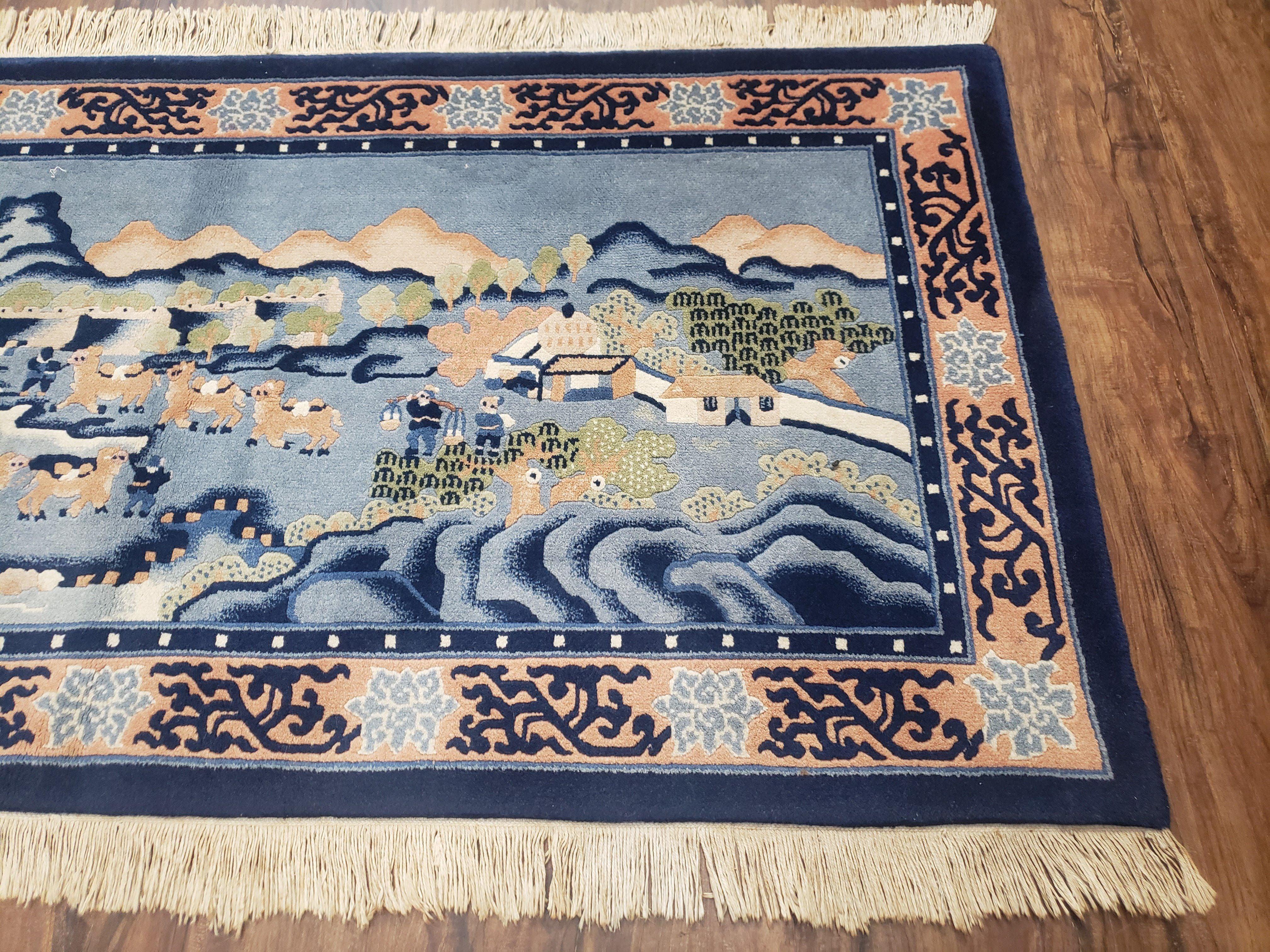 Vintage Chinese Pictorial Rug 2'4" x 4' 7", Chinese Village, Wool Hand-Knotted Blue & Teal Fine Carpet, Tapestry Rug, Woven Wall Art - Image 6
