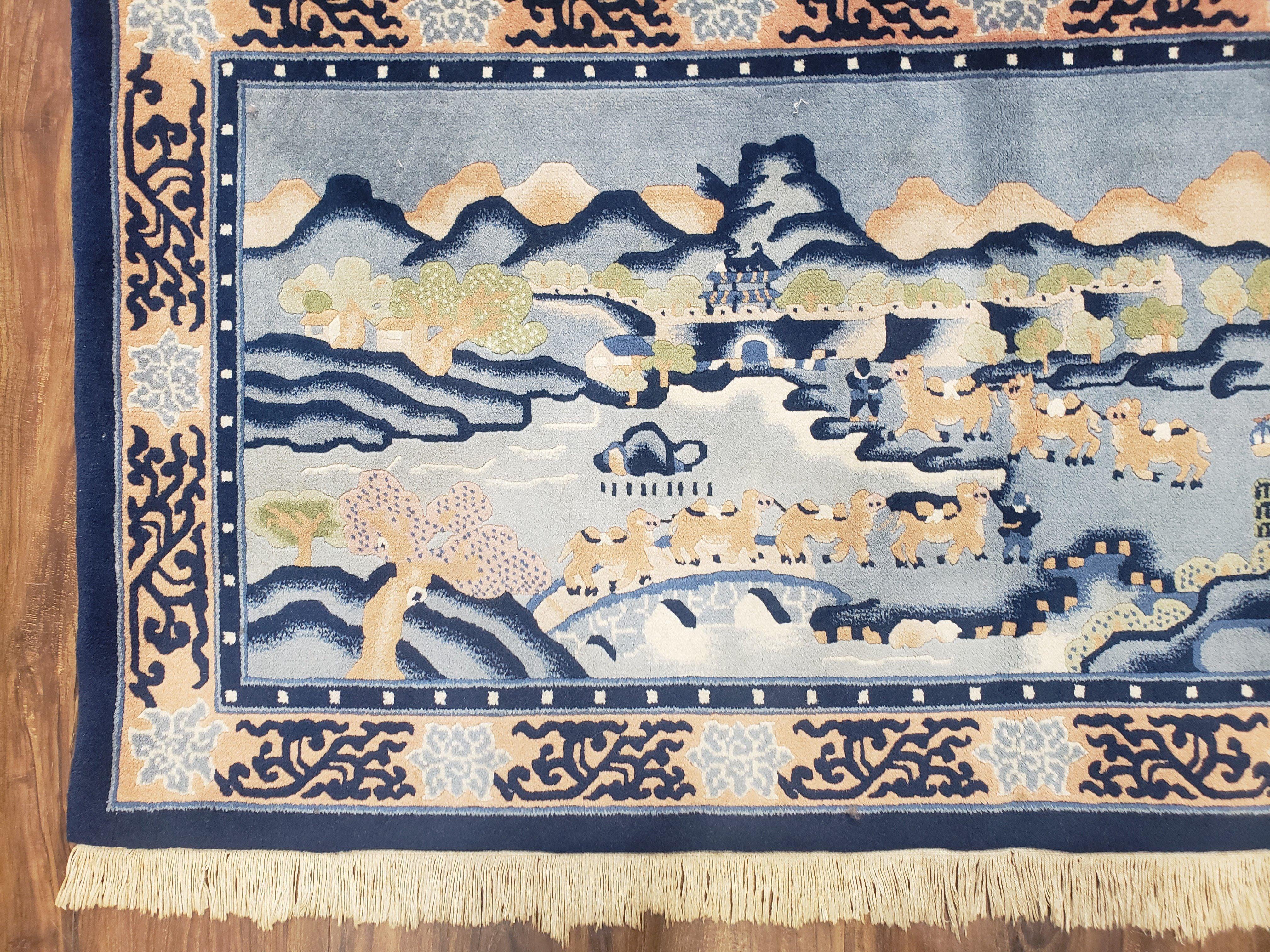 Vintage Chinese Pictorial Rug 2'4" x 4' 7", Chinese Village, Wool Hand-Knotted Blue & Teal Fine Carpet, Tapestry Rug, Woven Wall Art - Image 7
