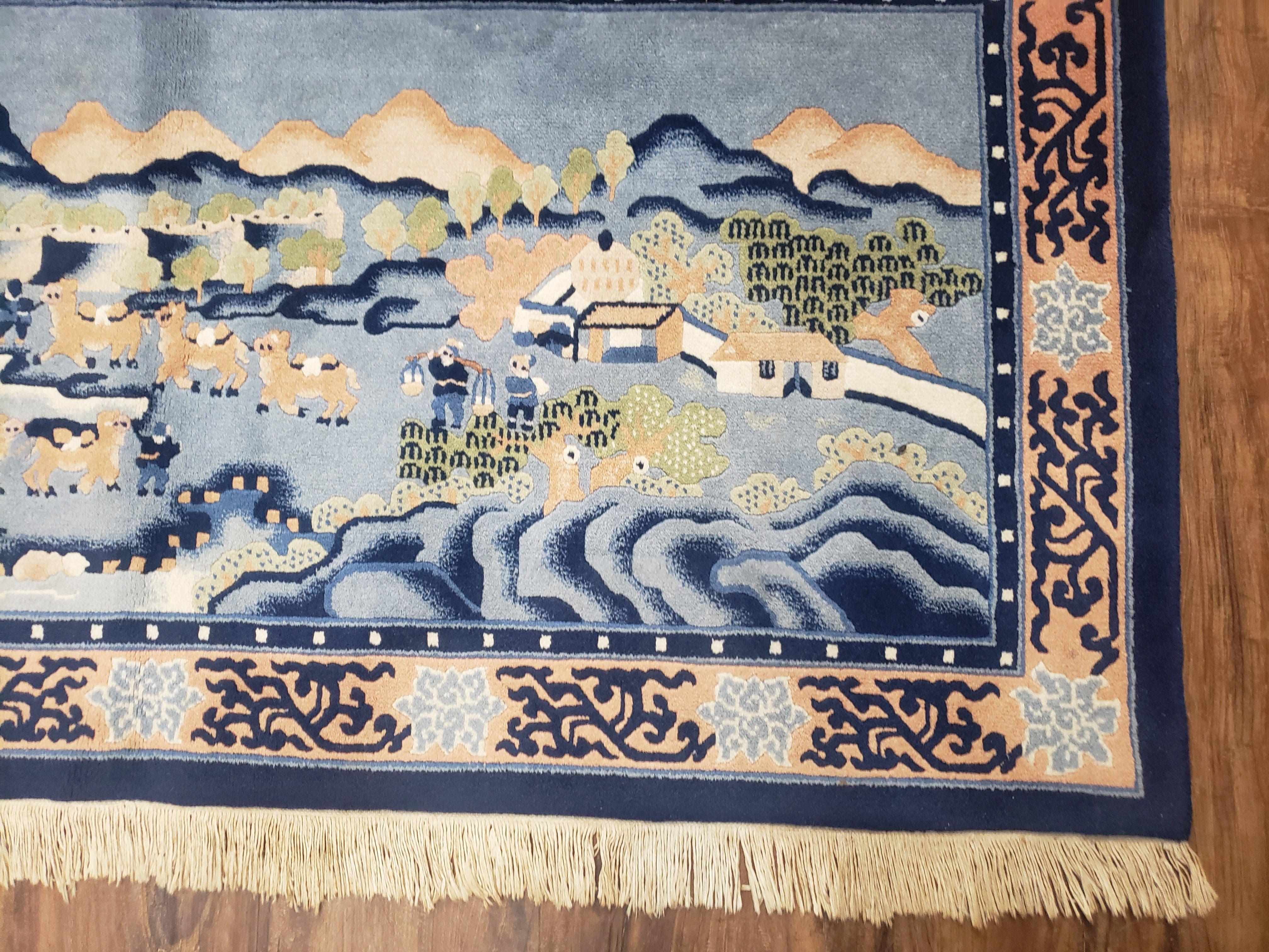 Vintage Chinese Pictorial Rug 2'4" x 4' 7", Chinese Village, Wool Hand-Knotted Blue & Teal Fine Carpet, Tapestry Rug, Woven Wall Art - Image 8