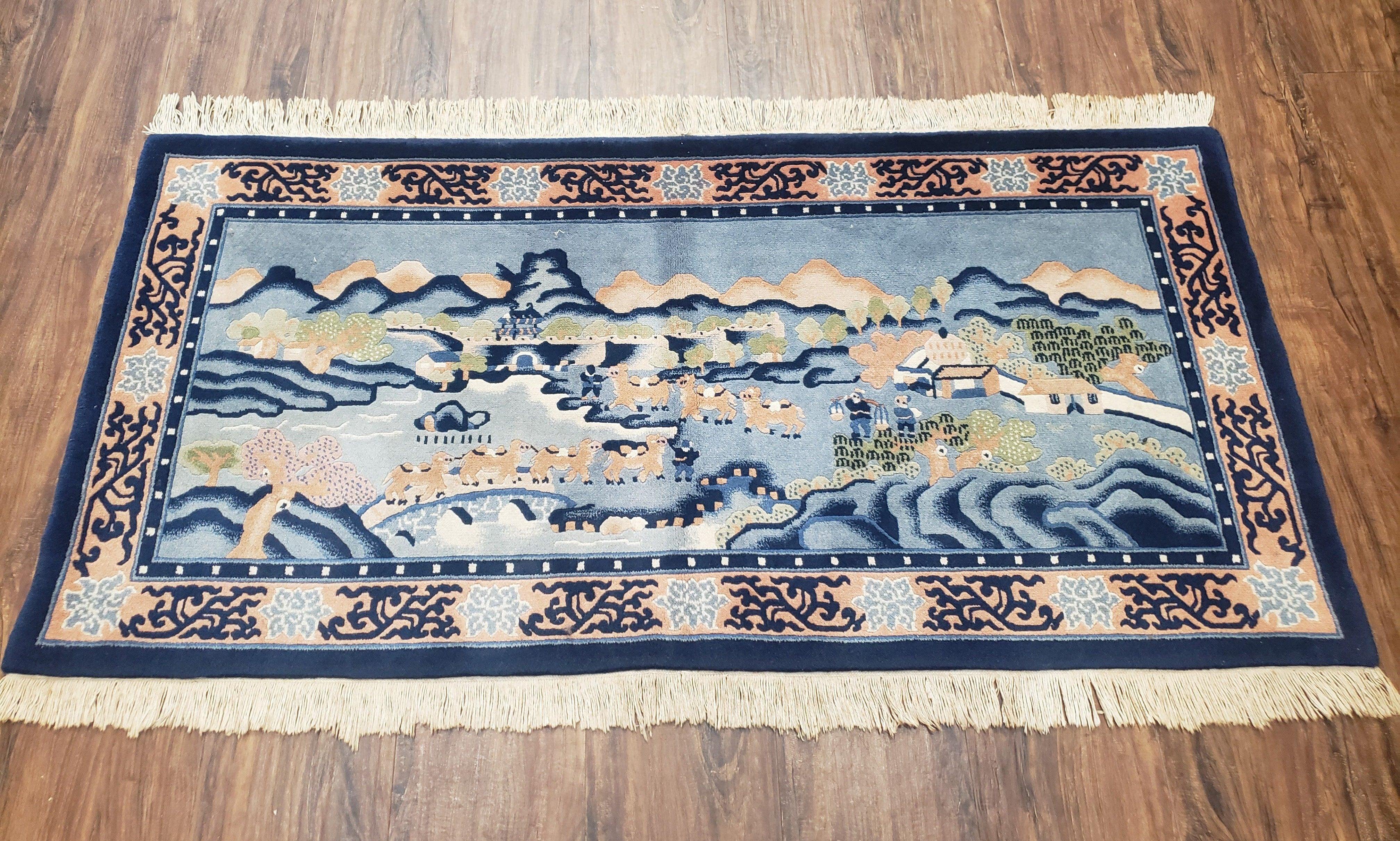 Vintage Chinese Pictorial Rug 2'4" x 4' 7", Chinese Village, Wool Hand-Knotted Blue & Teal Fine Carpet, Tapestry Rug, Woven Wall Art - Image 9