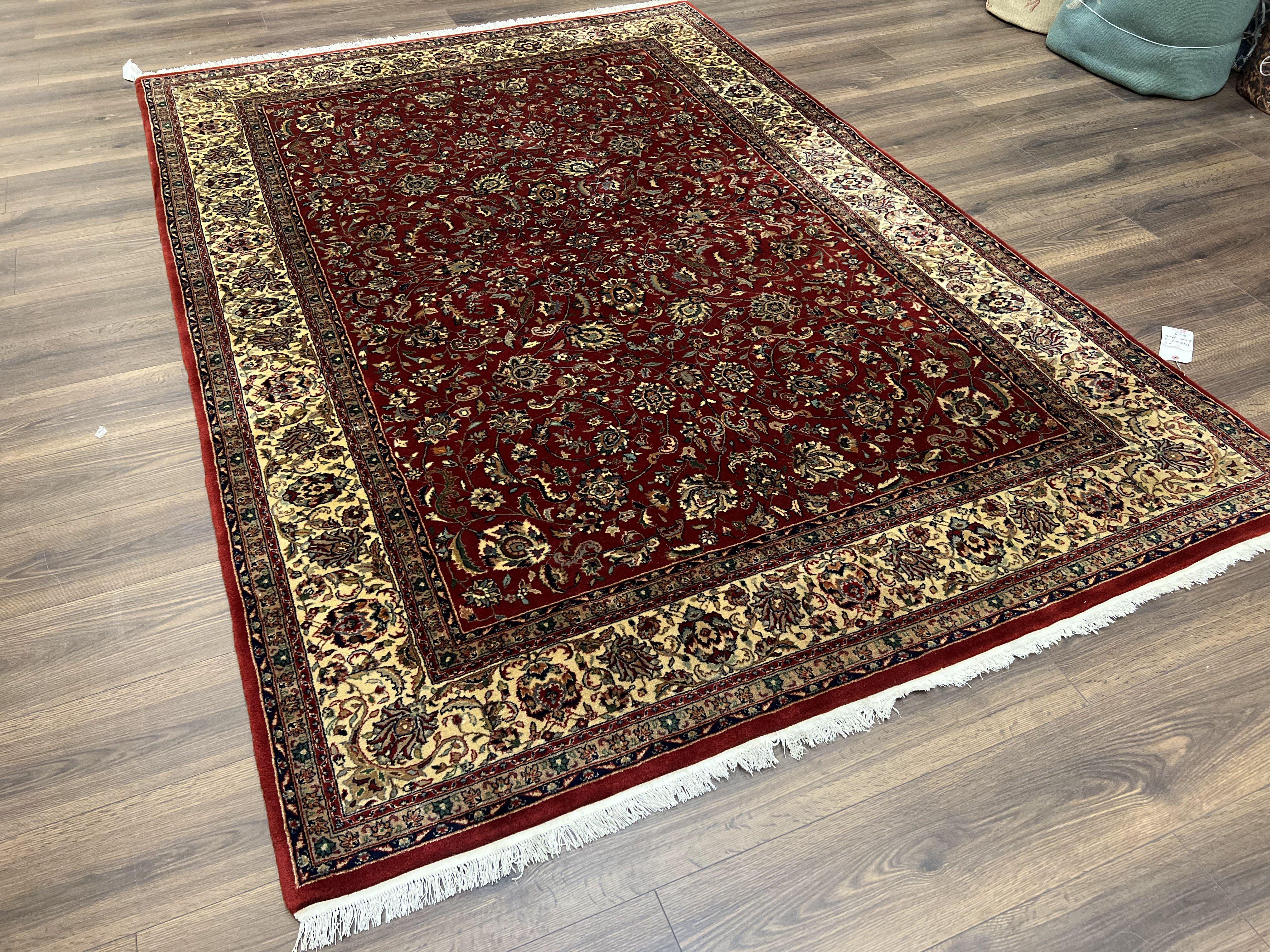 Vintage Indo Persian Rug 6x9, Very Finely Hand-Knotted Carpet 6 x 9 Red Cream Indian Oriental Carpet, Traditional Floral Wool Area Rug 1970s - Image 11