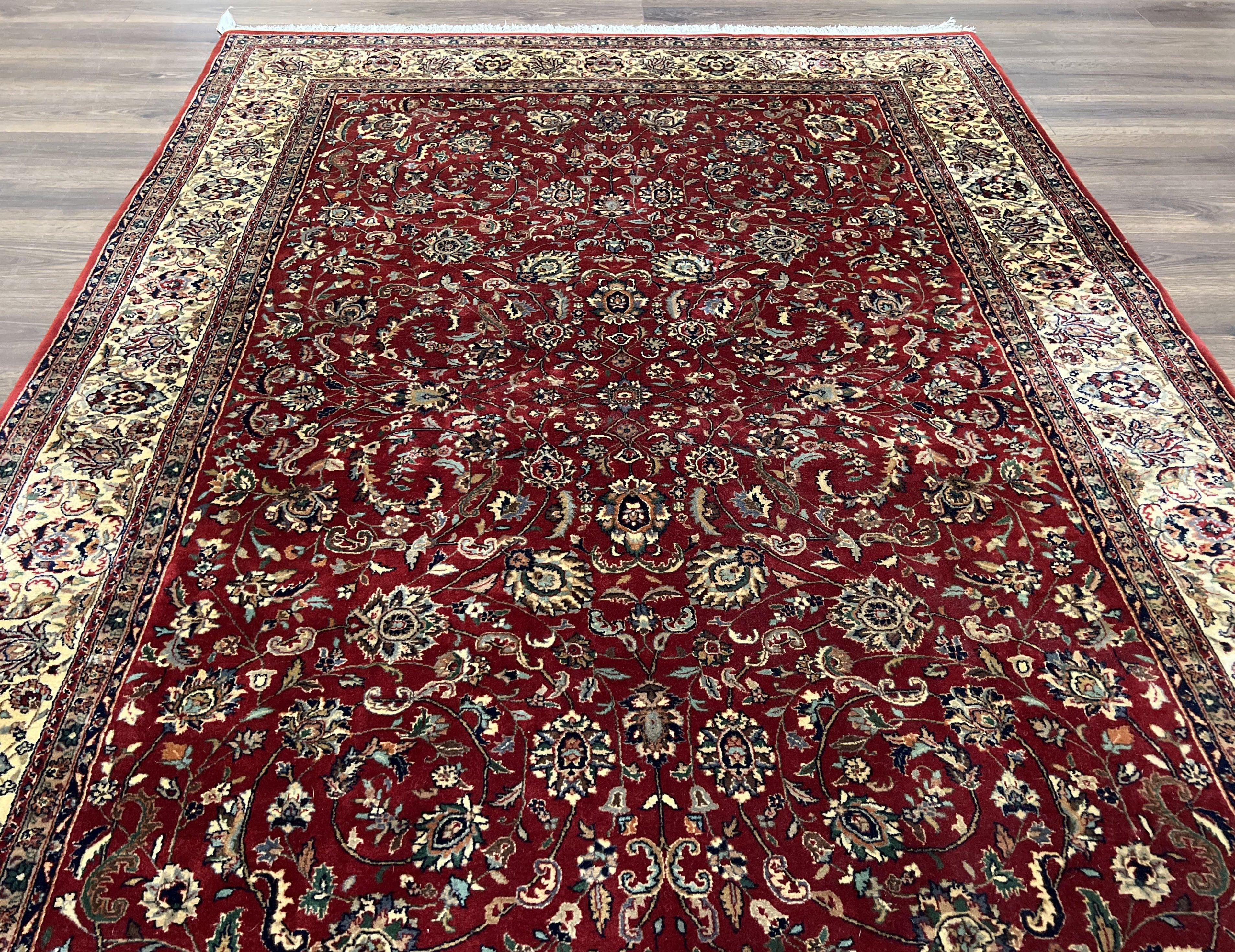 Vintage Indo Persian Rug 6x9, Very Finely Hand-Knotted Carpet 6 x 9 Red Cream Indian Oriental Carpet, Traditional Floral Wool Area Rug 1970s - Image 12
