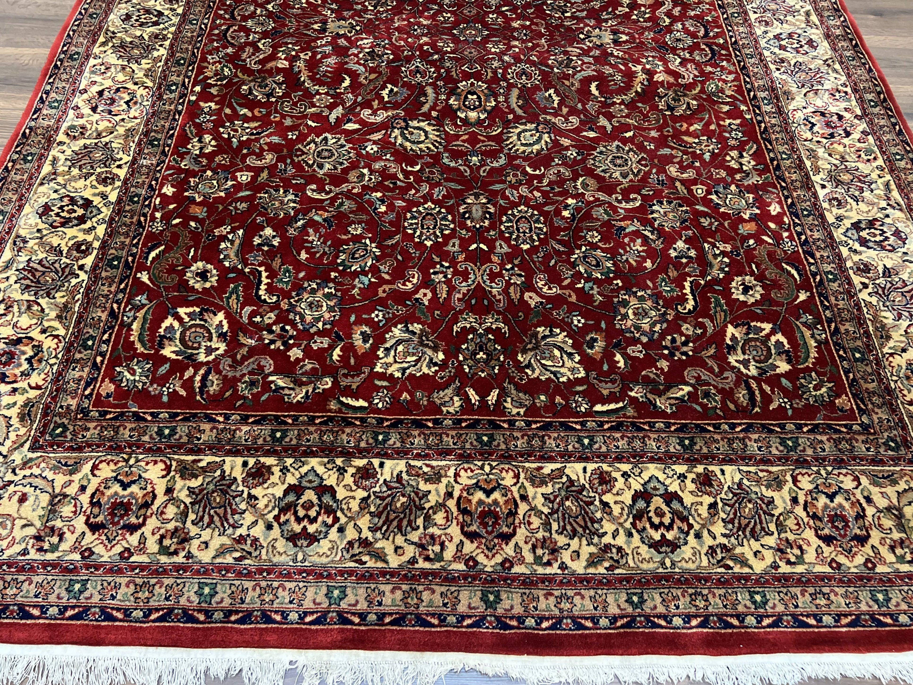 Vintage Indo Persian Rug 6x9, Very Finely Hand-Knotted Carpet 6 x 9 Red Cream Indian Oriental Carpet, Traditional Floral Wool Area Rug 1970s - Image 5