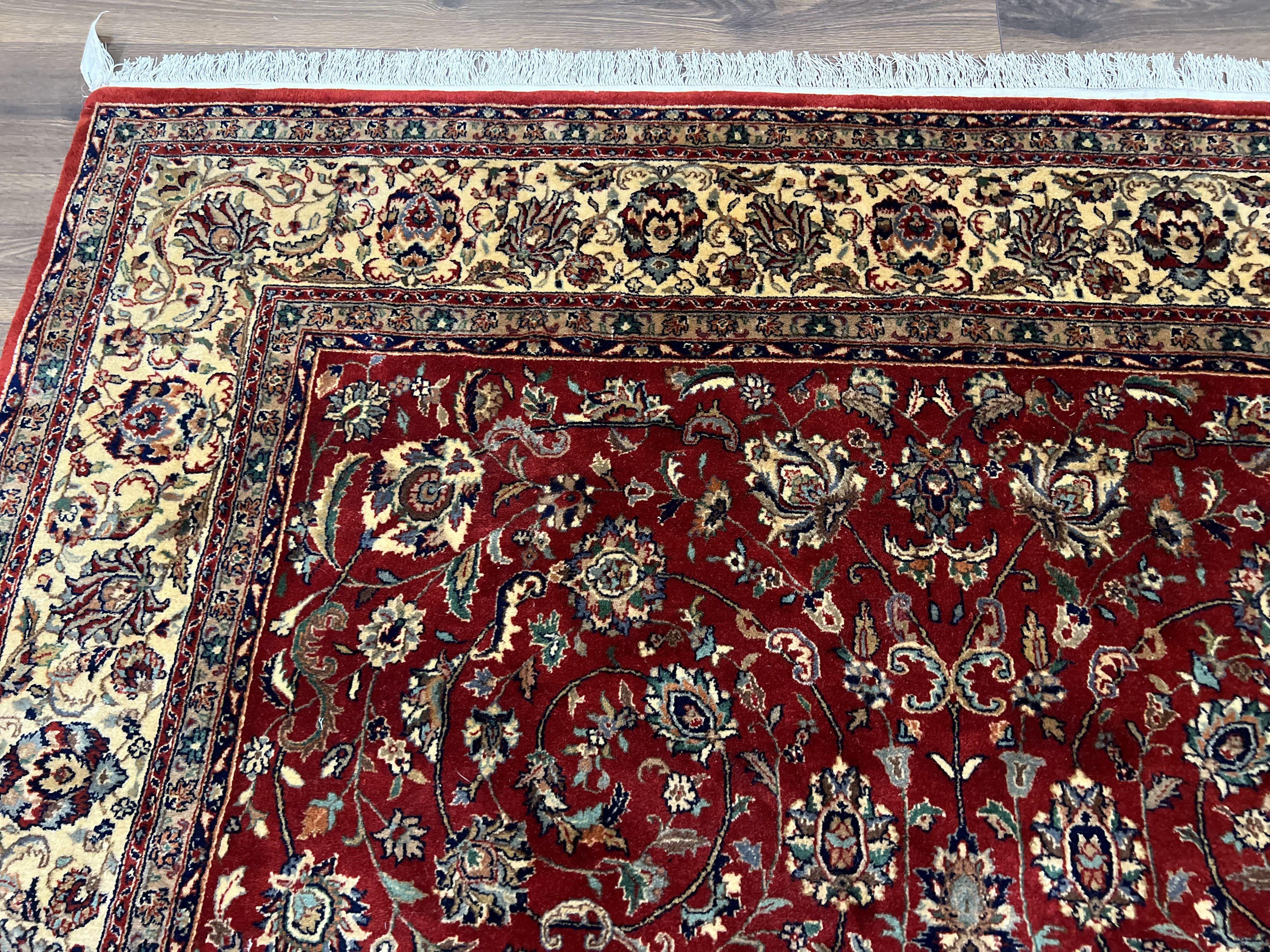 Vintage Indo Persian Rug 6x9, Very Finely Hand-Knotted Carpet 6 x 9 Red Cream Indian Oriental Carpet, Traditional Floral Wool Area Rug 1970s - Image 6