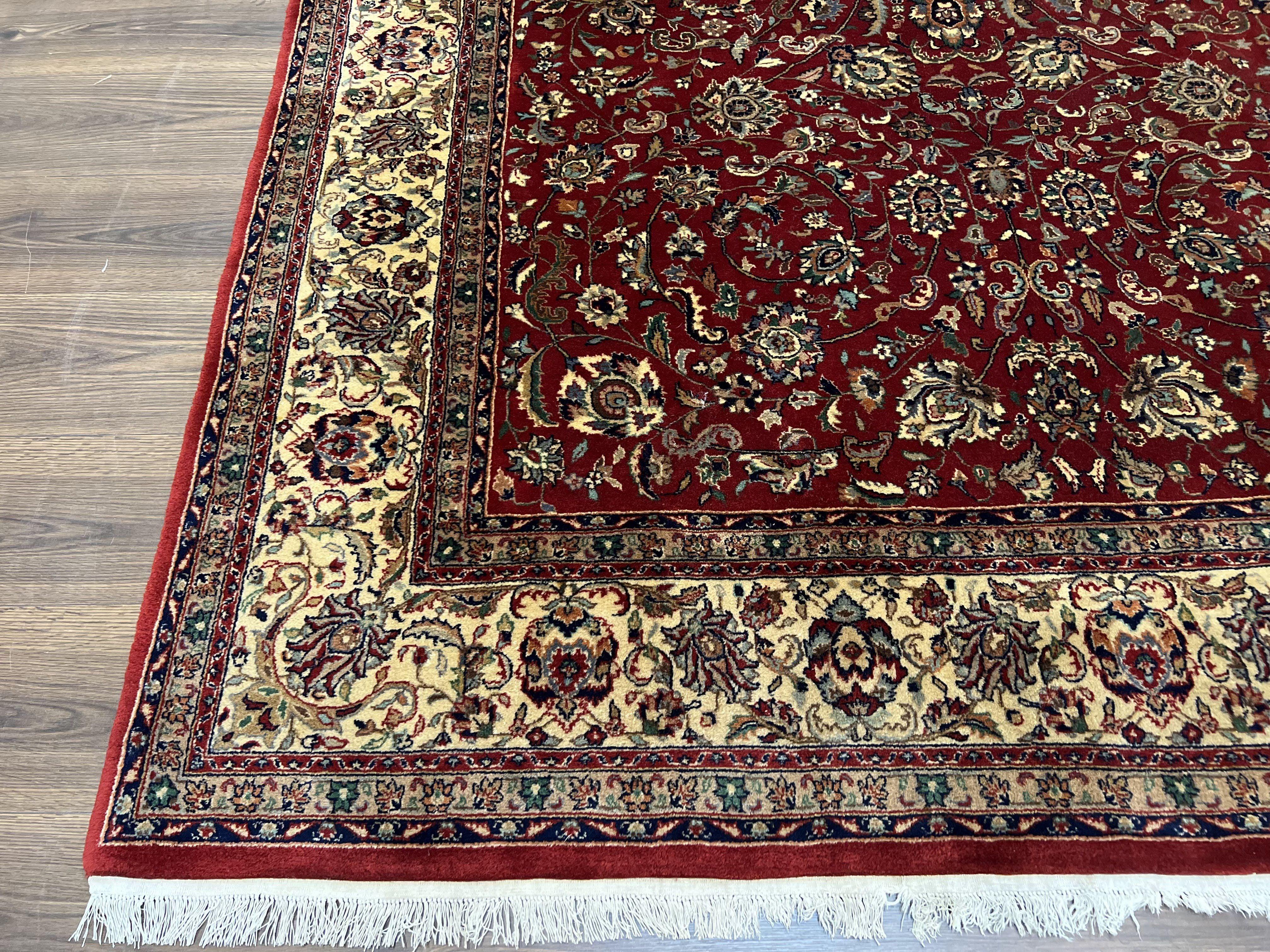 Vintage Indo Persian Rug 6x9, Very Finely Hand-Knotted Carpet 6 x 9 Red Cream Indian Oriental Carpet, Traditional Floral Wool Area Rug 1970s - Image 8