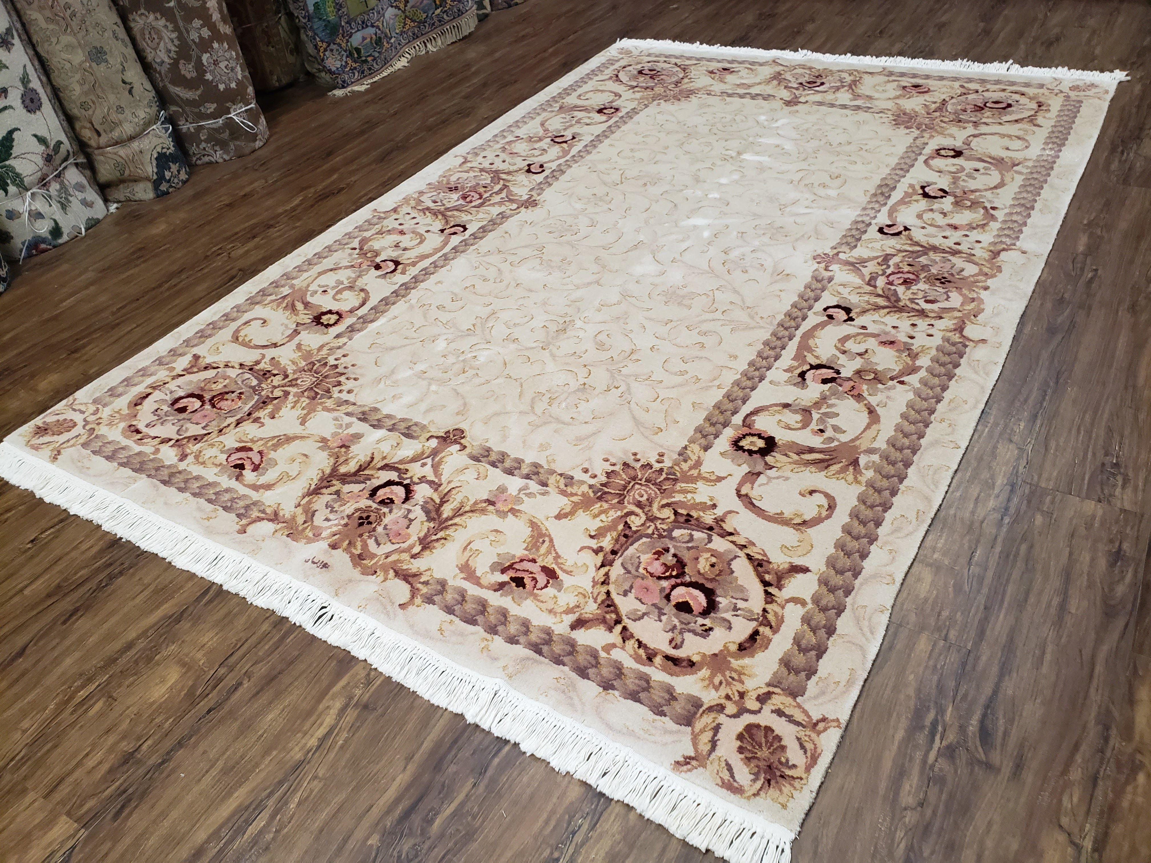 Vintage Ivory Chinese Aubusson Area Rug 6x9, Wool & Silk, Hand-Knotted 120 Line Fine Rug, European Design Carpet, 6 x 9 Master Signature Rug - Image 2