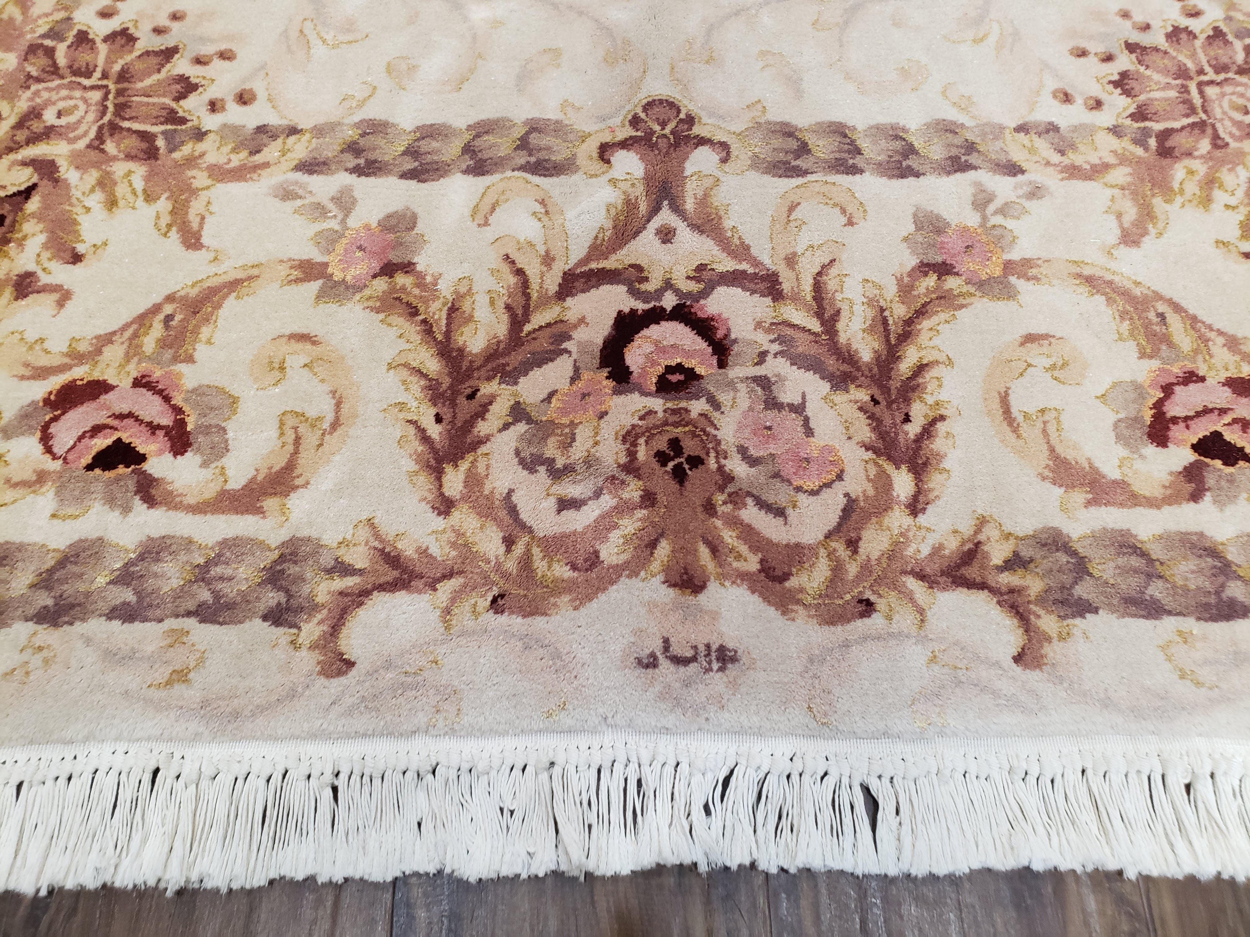 Vintage Ivory Chinese Aubusson Area Rug 6x9, Wool & Silk, Hand-Knotted 120 Line Fine Rug, European Design Carpet, 6 x 9 Master Signature Rug - Image 5