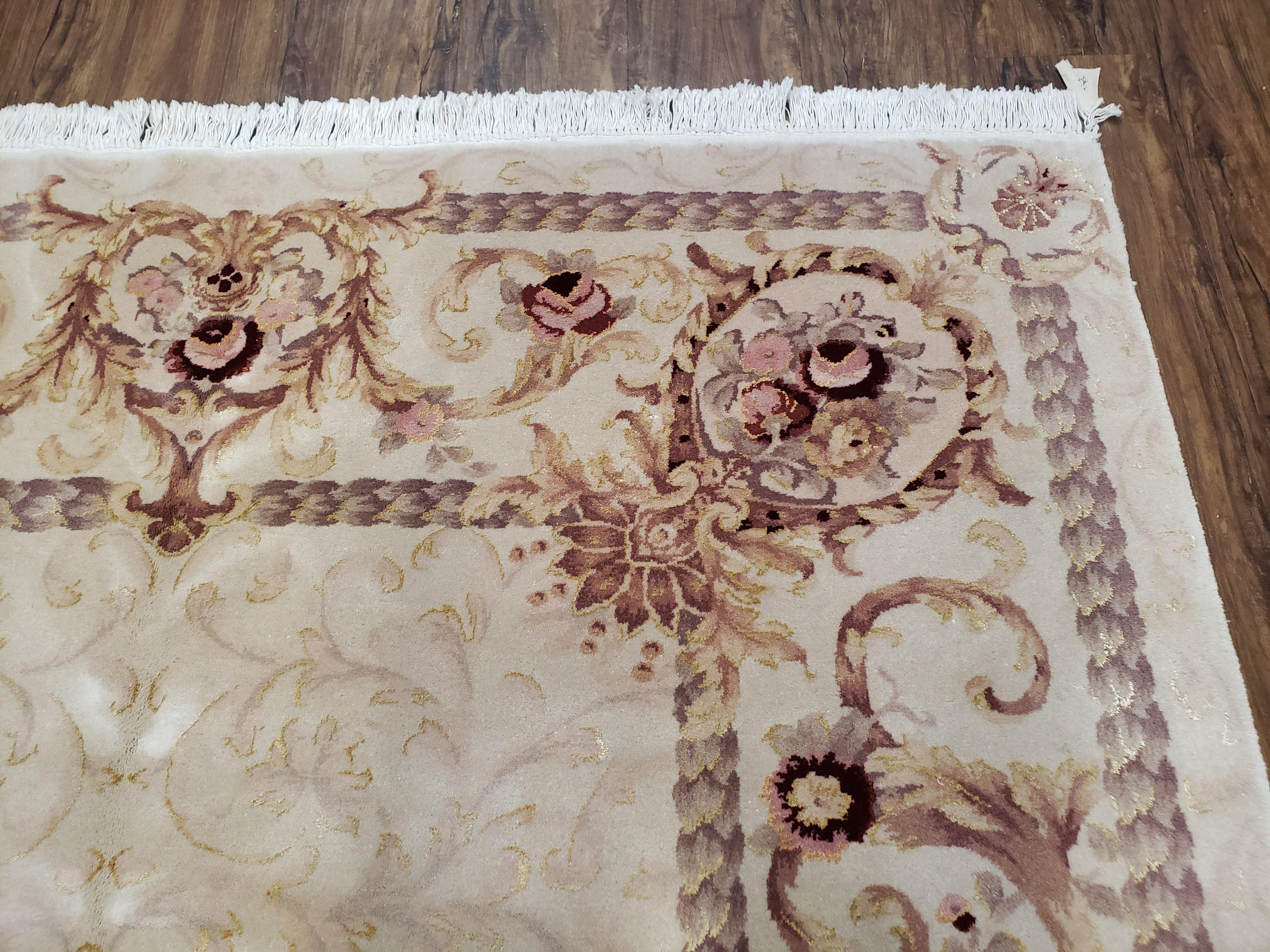 Vintage Ivory Chinese Aubusson Area Rug 6x9, Wool & Silk, Hand-Knotted 120 Line Fine Rug, European Design Carpet, 6 x 9 Master Signature Rug - Image 7