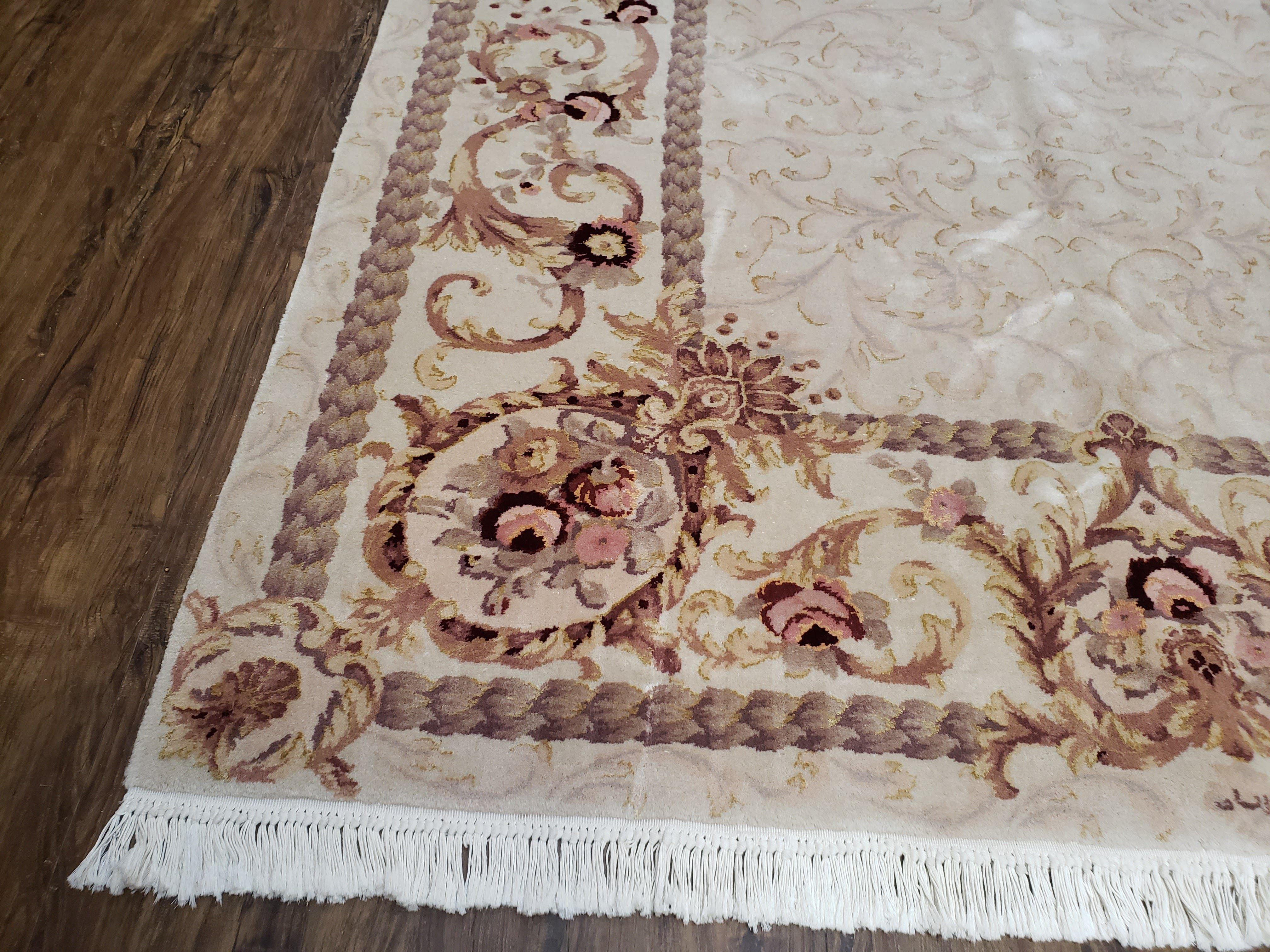 Vintage Ivory Chinese Aubusson Area Rug 6x9, Wool & Silk, Hand-Knotted 120 Line Fine Rug, European Design Carpet, 6 x 9 Master Signature Rug - Image 8