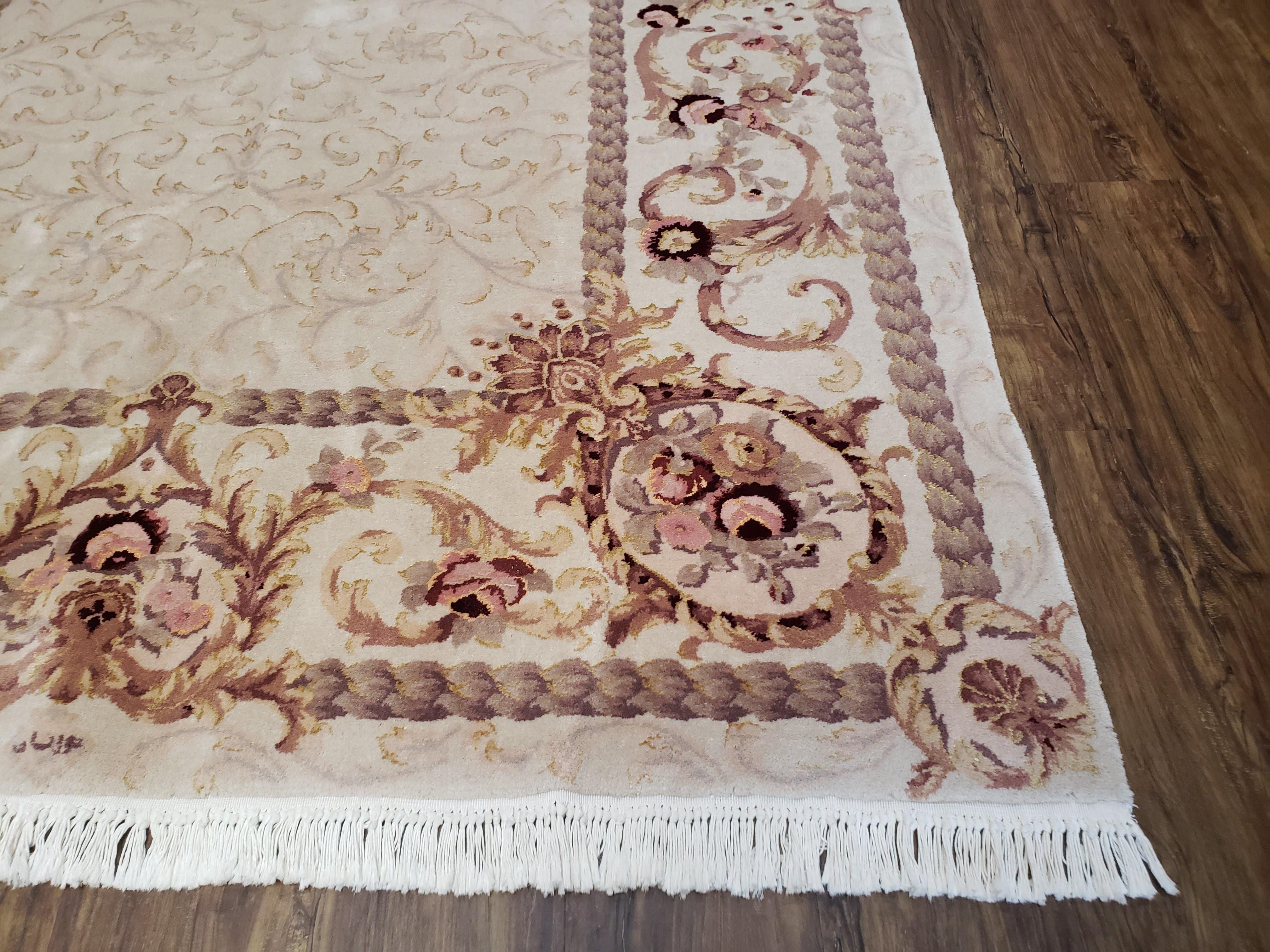 Vintage Ivory Chinese Aubusson Area Rug 6x9, Wool & Silk, Hand-Knotted 120 Line Fine Rug, European Design Carpet, 6 x 9 Master Signature Rug - Image 9