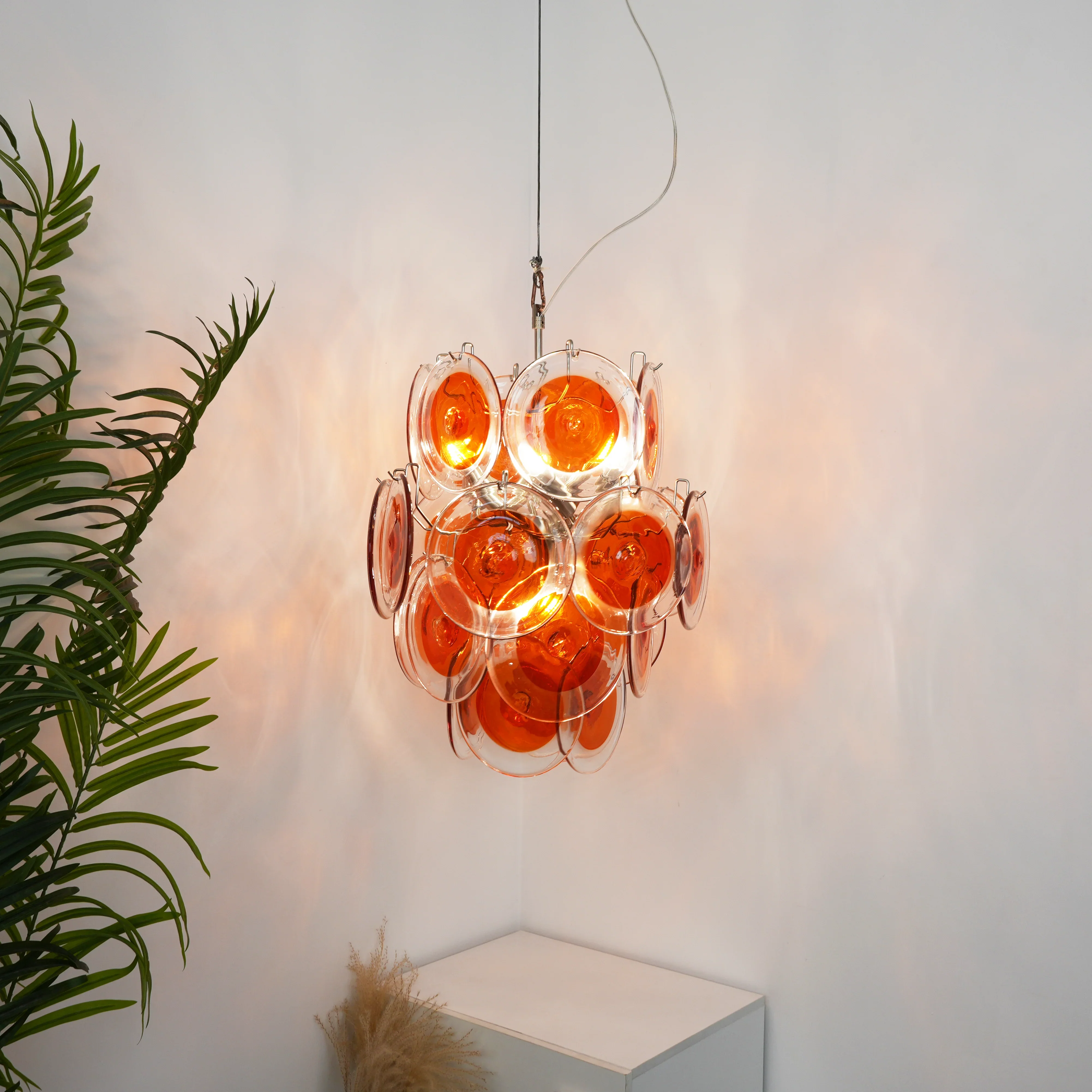 Vintage Murano Orange Transparent Disc Chandelier - Image 14