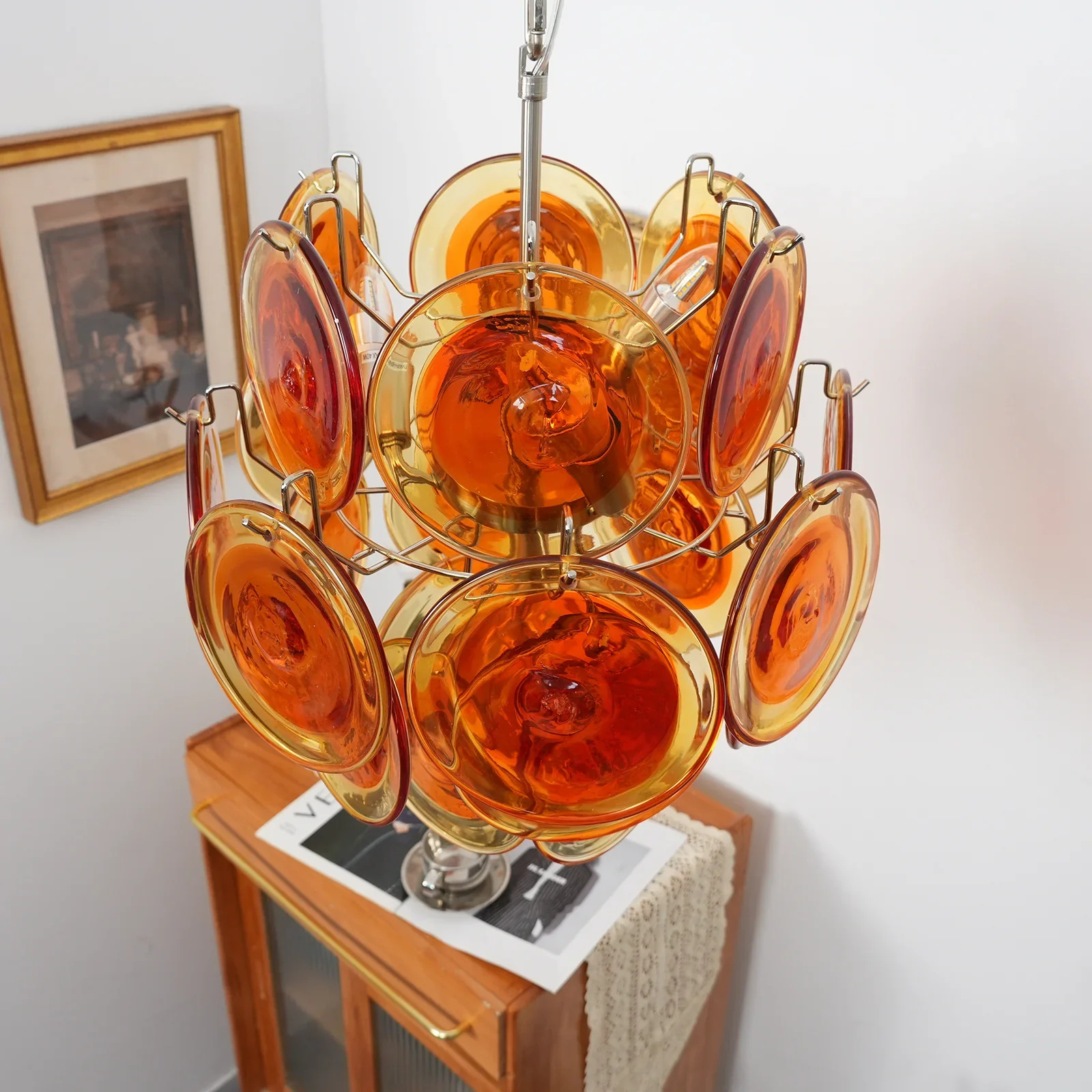Vintage Murano Orange Transparent Disc Chandelier - Image 16