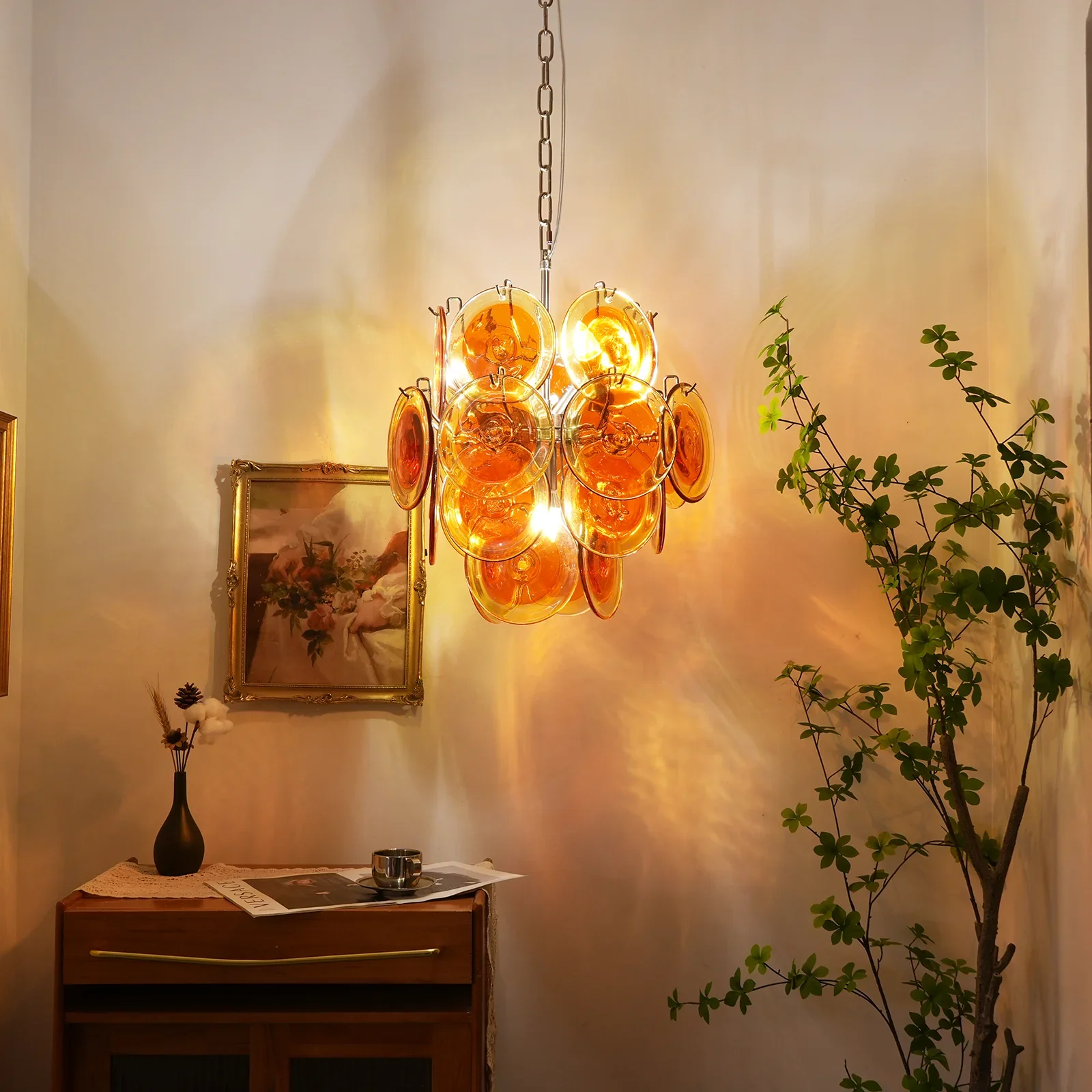 Vintage Murano Orange Transparent Disc Chandelier - Image 2