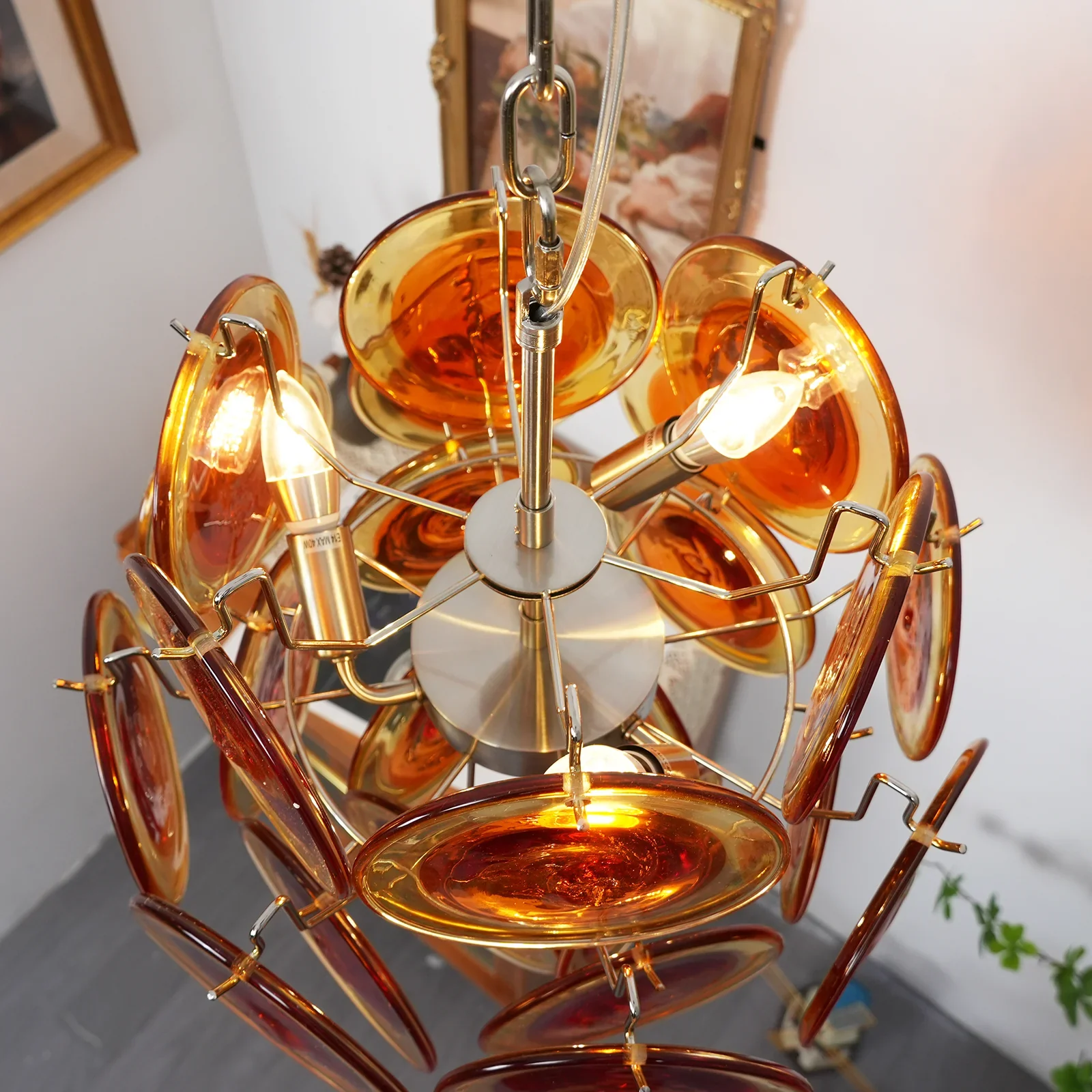 Vintage Murano Orange Transparent Disc Chandelier - Image 23