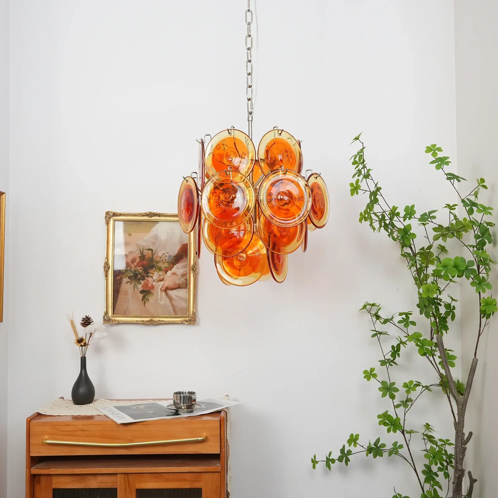 Vintage Murano Orange Transparent Disc Chandelier - Image 4