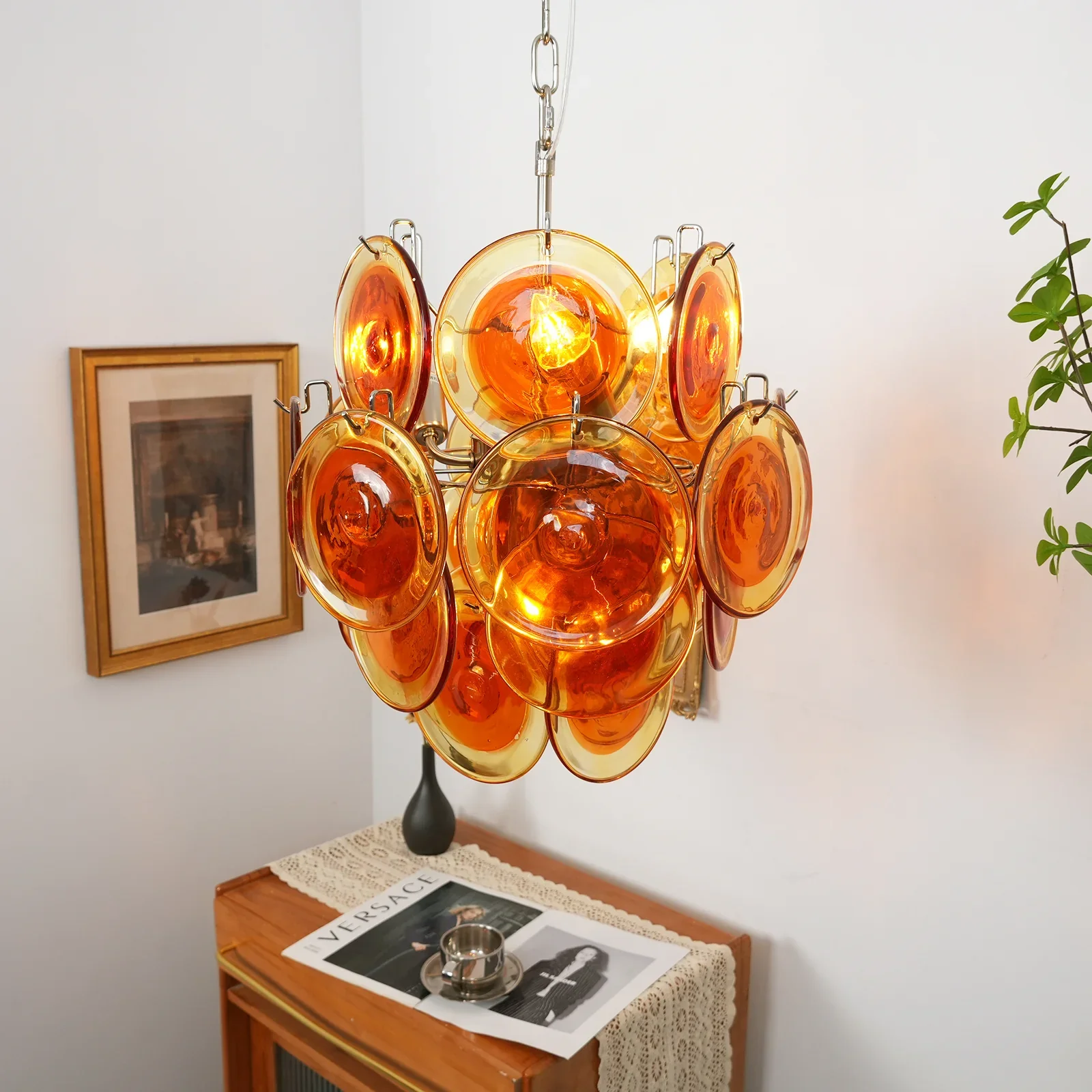 Vintage Murano Orange Transparent Disc Chandelier - Image 7
