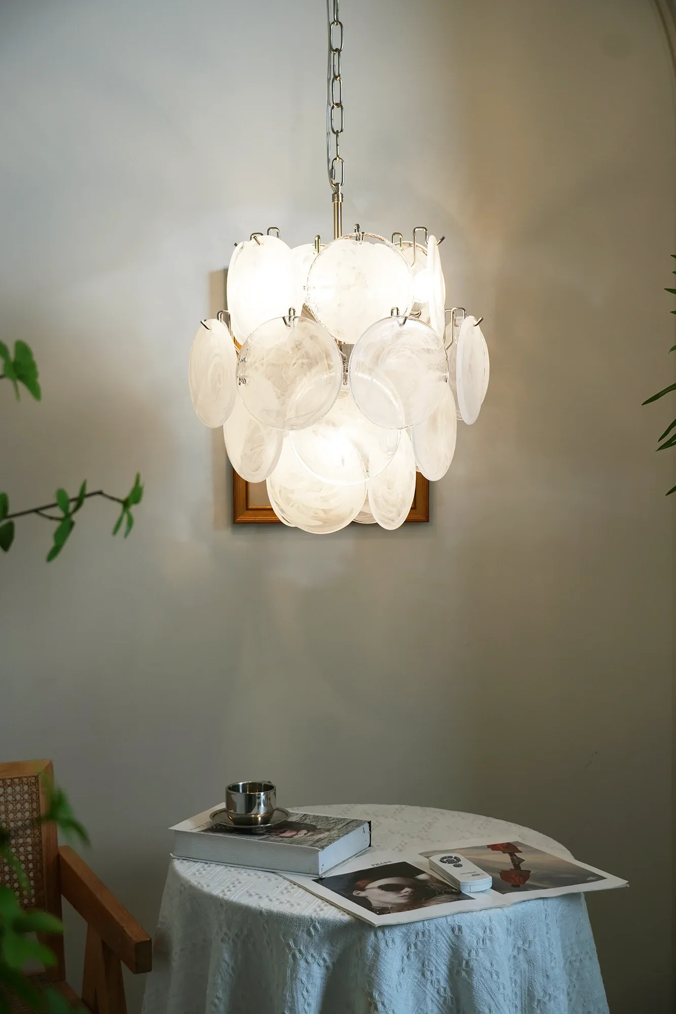 Vintage Murano White Glass Disks Chandelier - Image 12