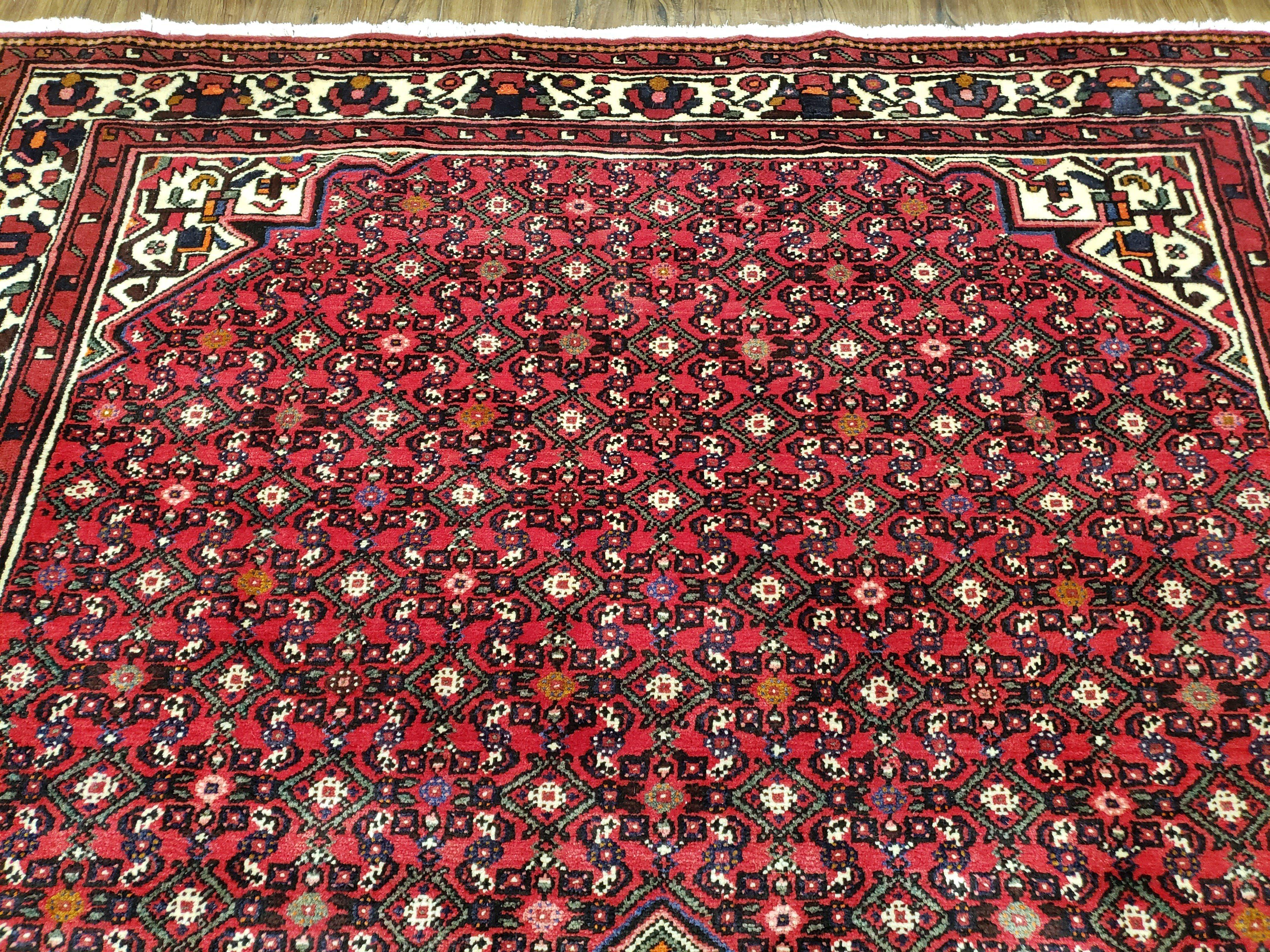 Vintage Persian Hamedan Rug 7x10, Angelas Mahi Pattern, Red, Wool, Hand-Knotted - Image 4