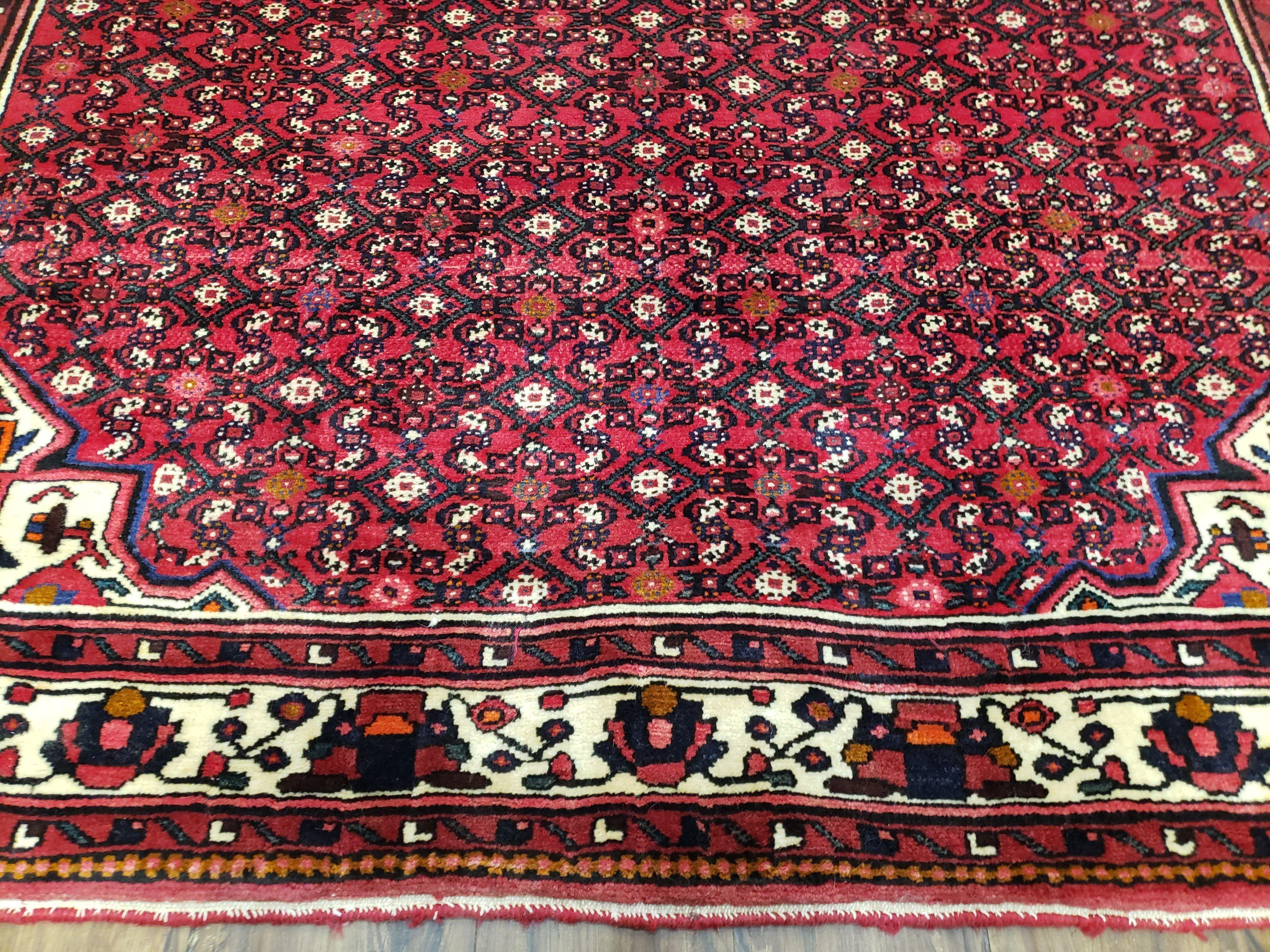 Vintage Persian Hamedan Rug 7x10, Angelas Mahi Pattern, Red, Wool, Hand-Knotted - Image 5