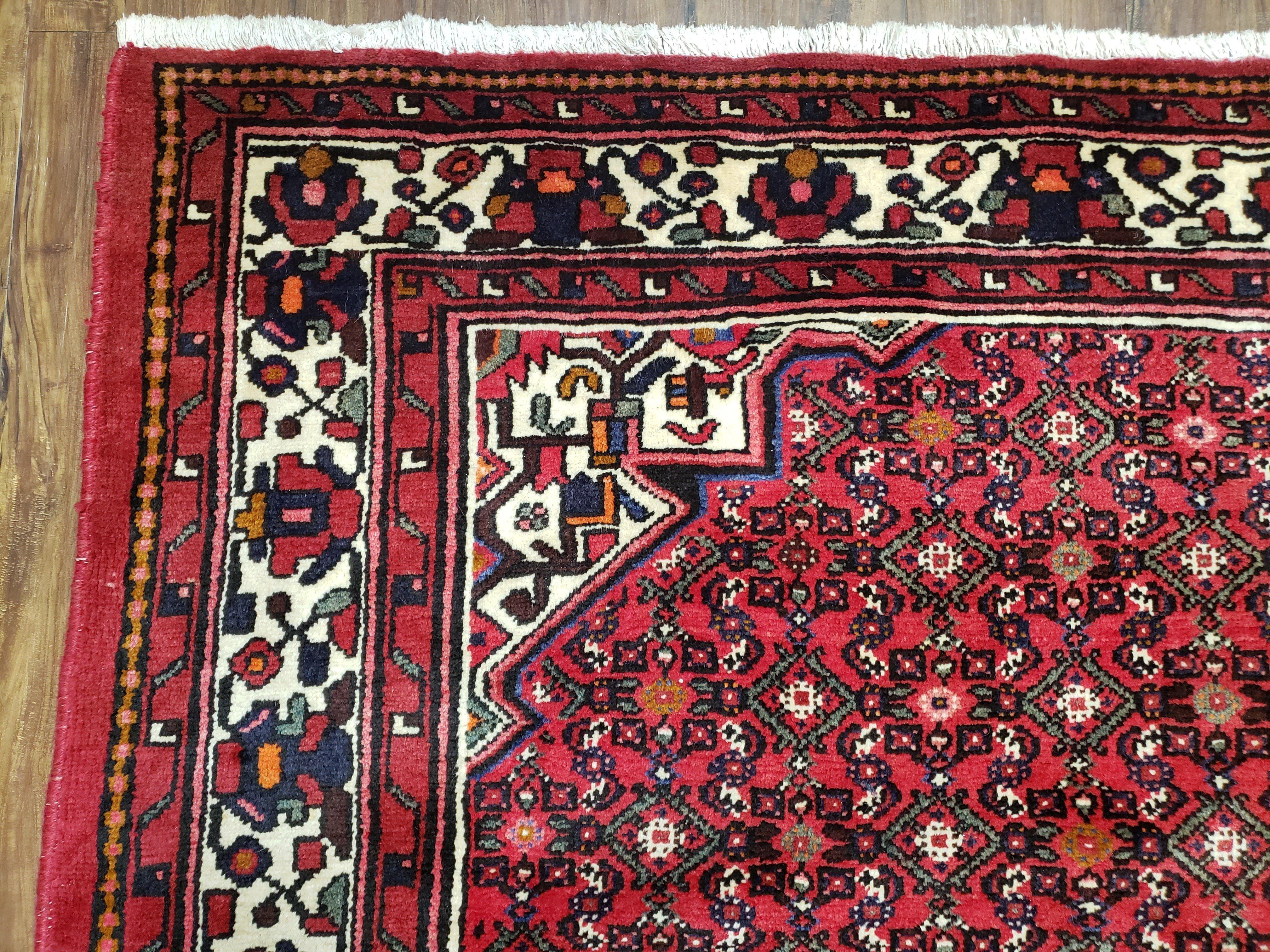 Vintage Persian Hamedan Rug 7x10, Angelas Mahi Pattern, Red, Wool, Hand-Knotted - Image 6