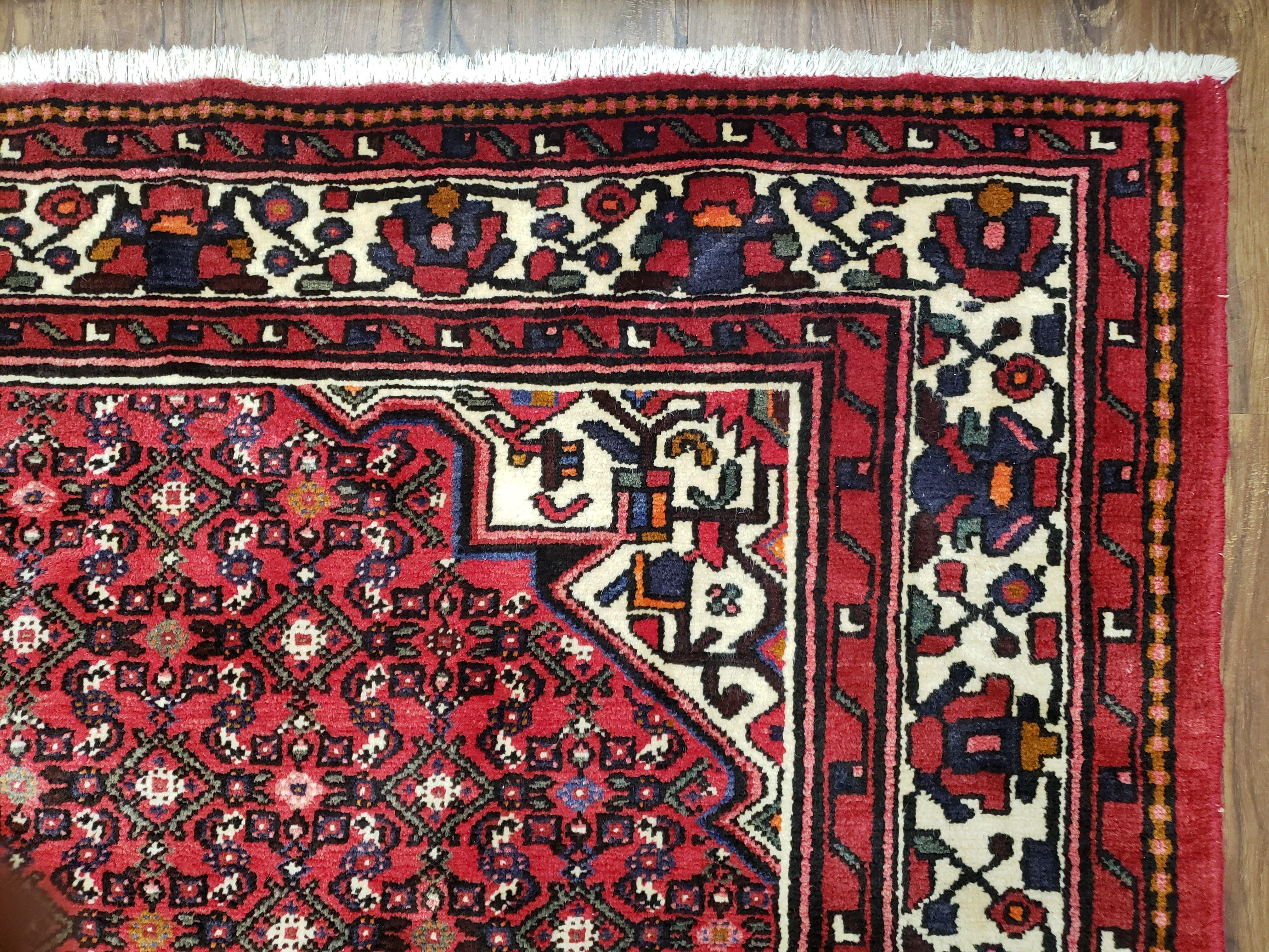 Vintage Persian Hamedan Rug 7x10, Angelas Mahi Pattern, Red, Wool, Hand-Knotted - Image 7