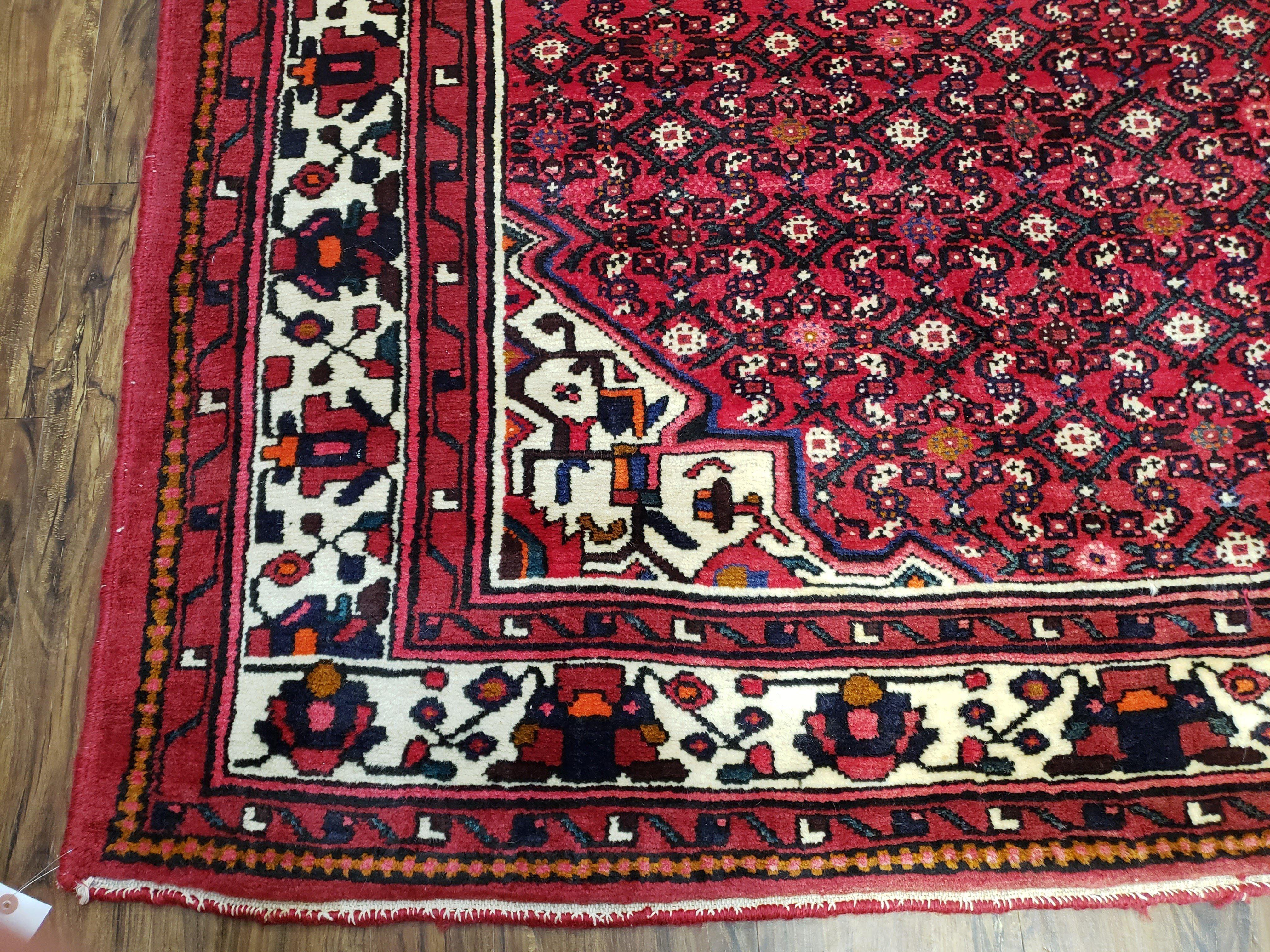 Vintage Persian Hamedan Rug 7x10, Angelas Mahi Pattern, Red, Wool, Hand-Knotted - Image 8