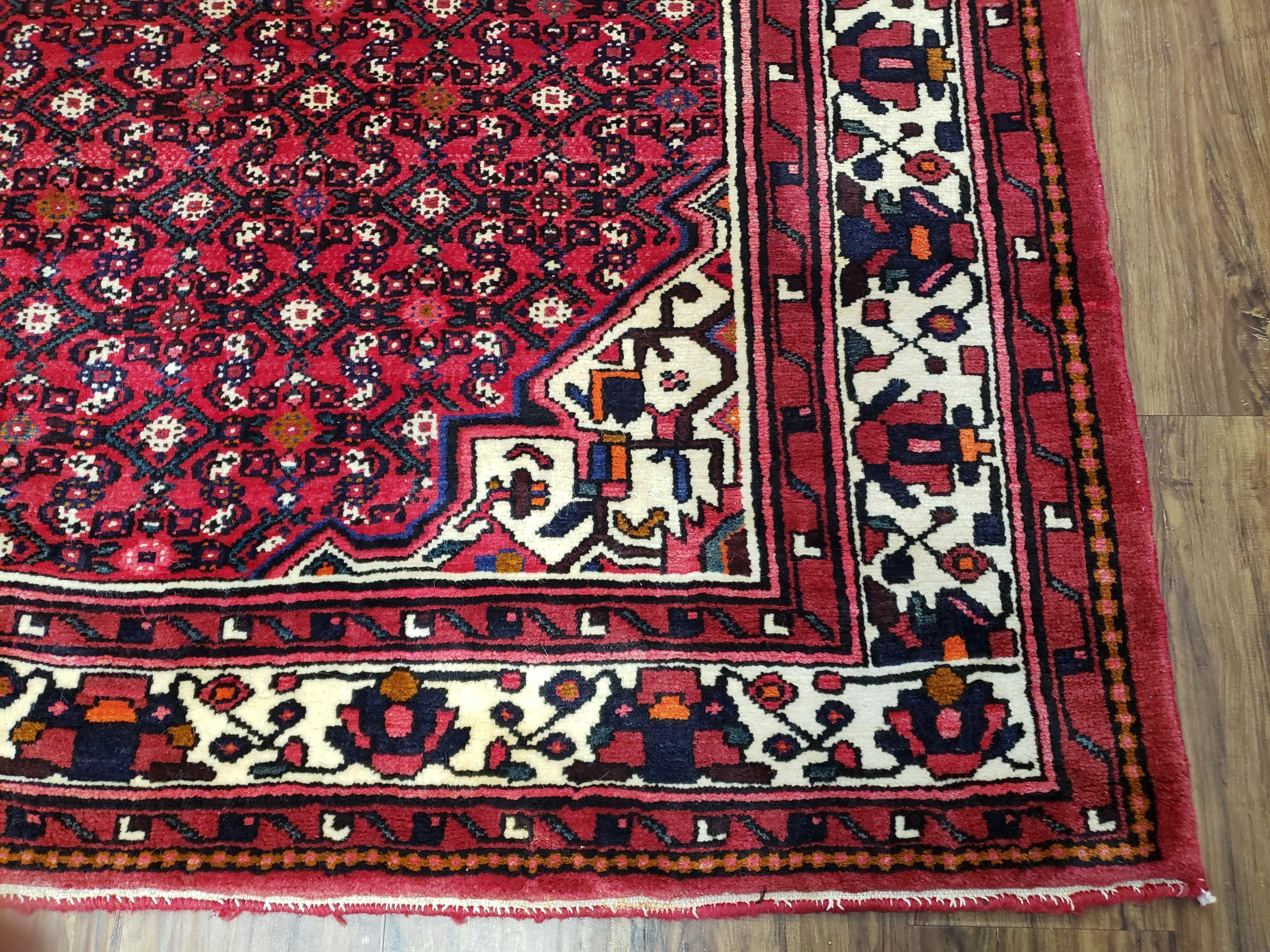 Vintage Persian Hamedan Rug 7x10, Angelas Mahi Pattern, Red, Wool, Hand-Knotted - Image 9