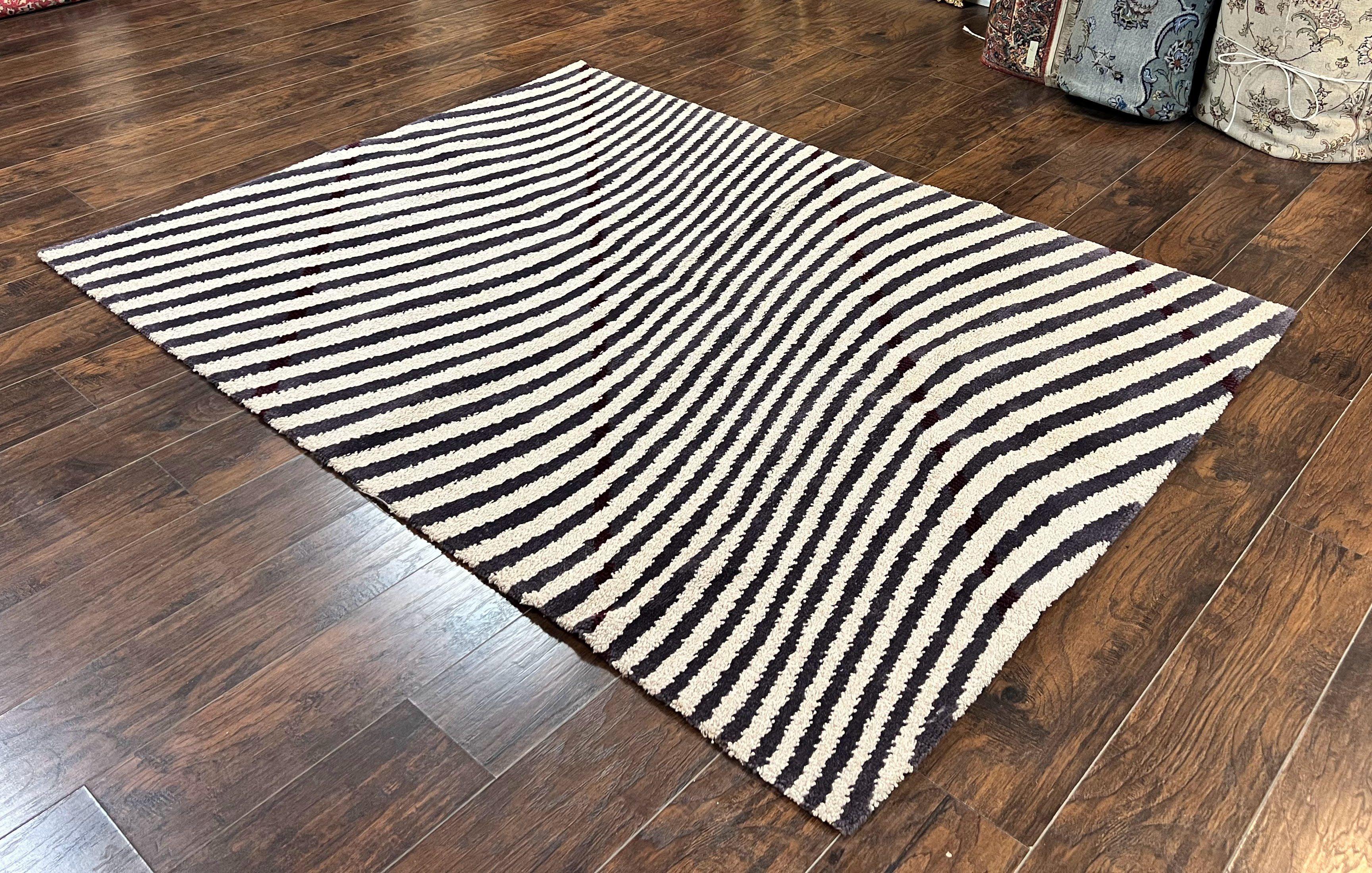 Vintage Zebra Stripes Shag Rug 5.7 x 7.4, Black and White, Retro, Wool - Image 2
