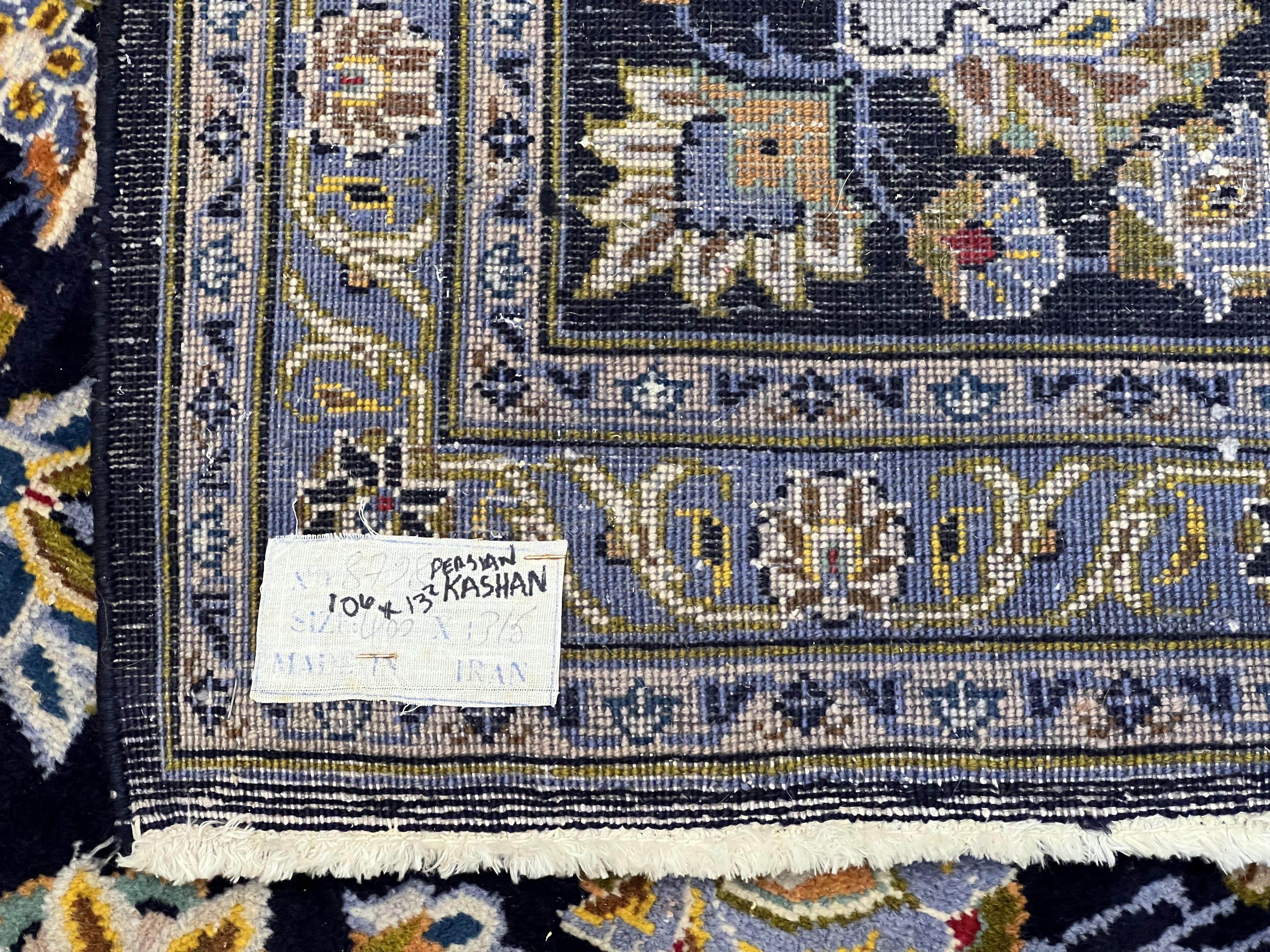 Wonderful Navy Blue Persian Kashan Rug 11x13, Allover Floral Design with Central Medallion, Wool Hand-Knotted Antique Carpet, Signed Rabani Rug - Image 10