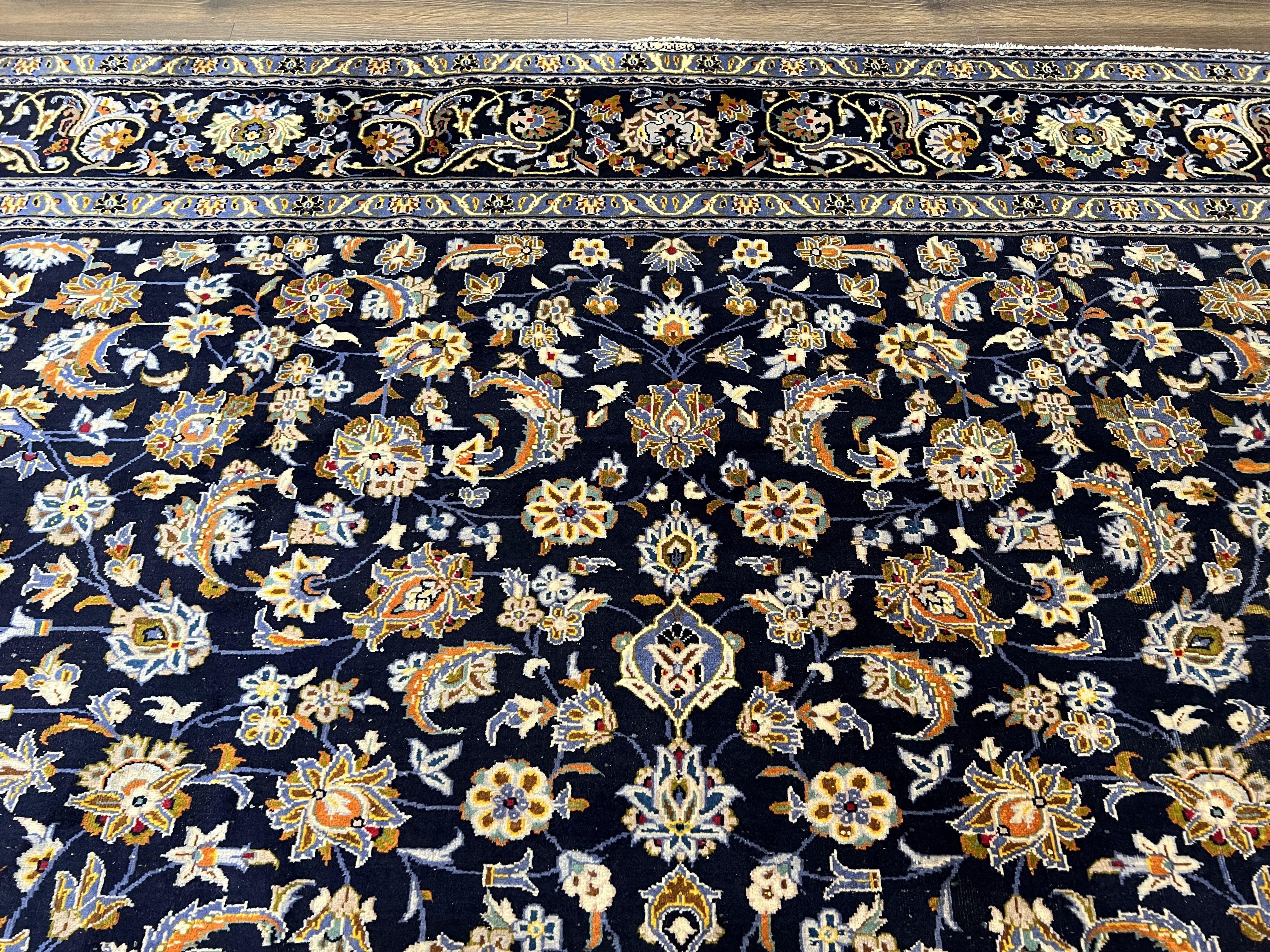 Wonderful Navy Blue Persian Kashan Rug 11x13, Allover Floral Design with Central Medallion, Wool Hand-Knotted Antique Carpet, Signed Rabani Rug - Image 4