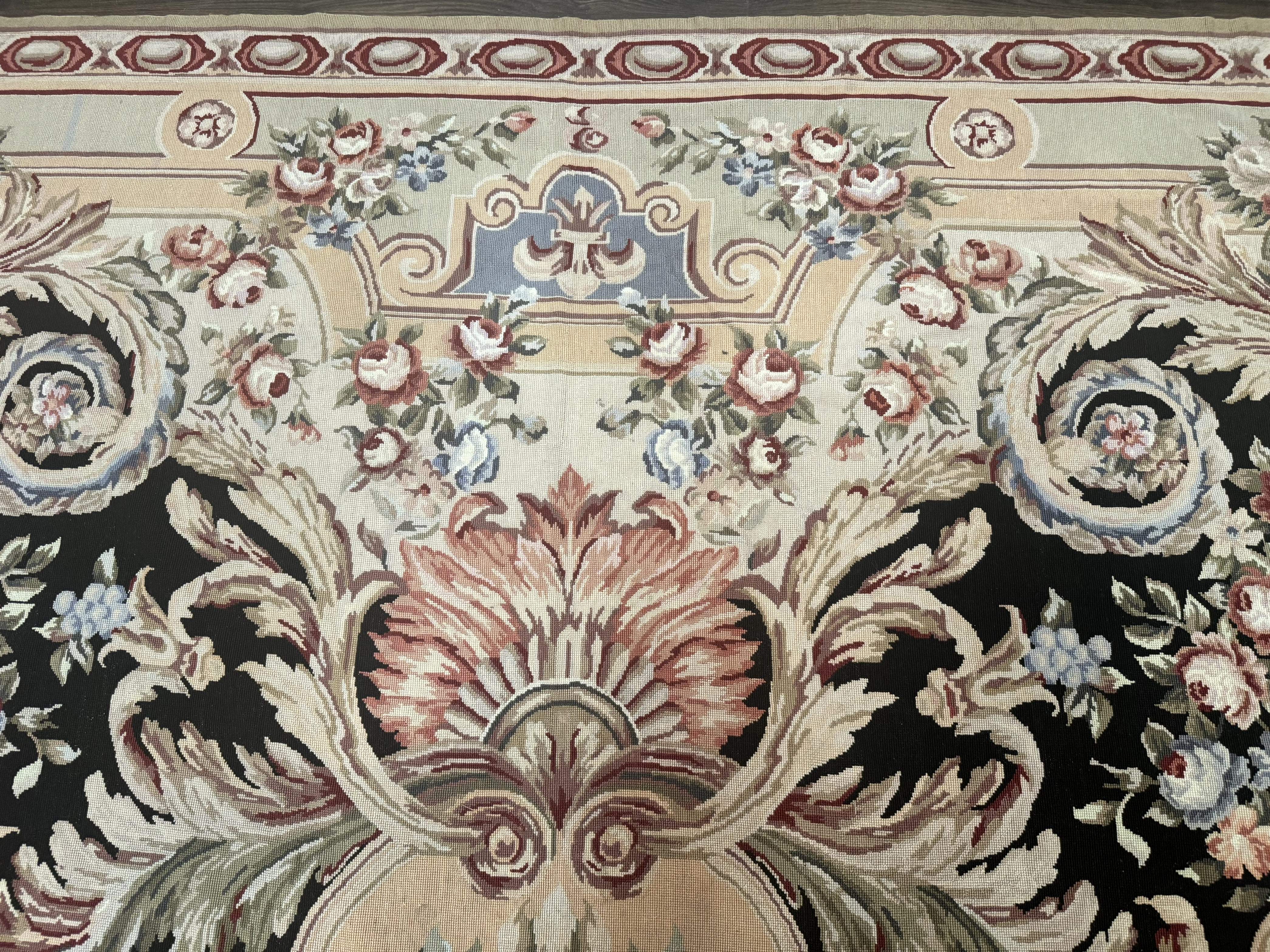 Wonderful Needlepoint Rug 10x14, Large Aubusson Carpet, Floral, Elegant, European Design - Image 3