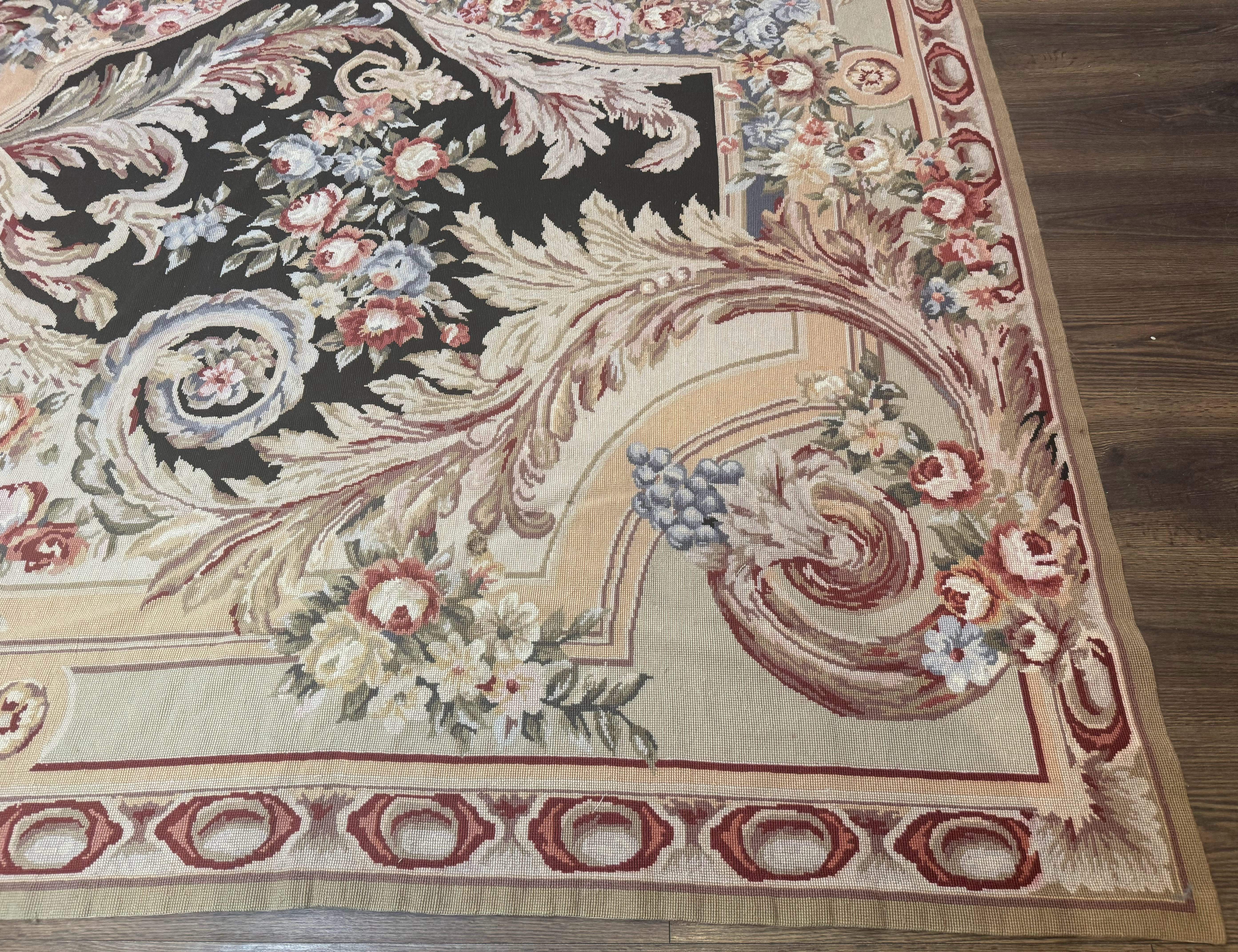 Wonderful Needlepoint Rug 10x14, Large Aubusson Carpet, Floral, Elegant, European Design - Image 9