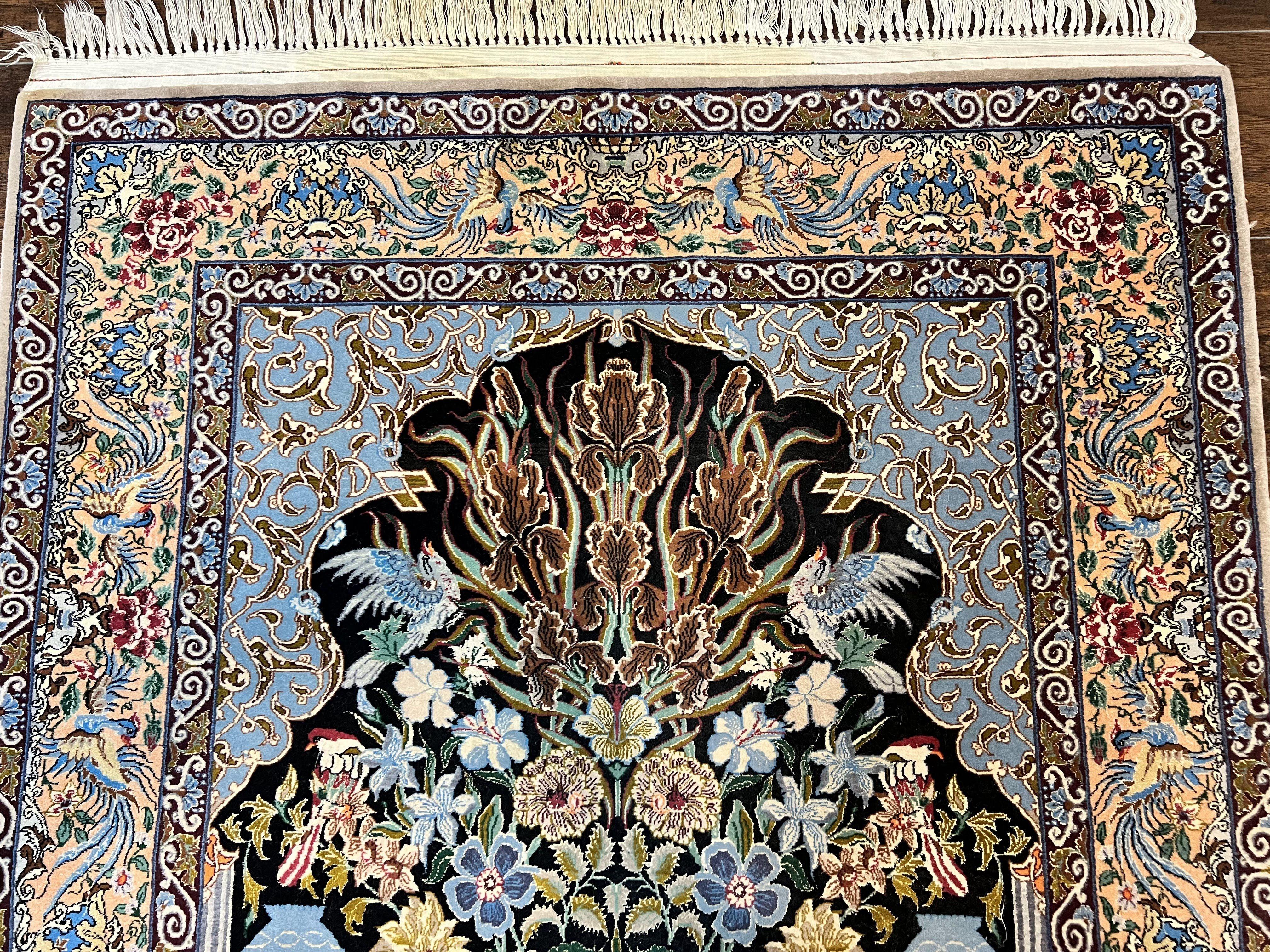 Wonderful Persian Isfahan Rug 3.7 x 5, Kork Wool on Silk Foundation, Very Fine 460 KPSI, Tree of Life Persian Vase Design Animal Pictorials Peacocks - Image 3