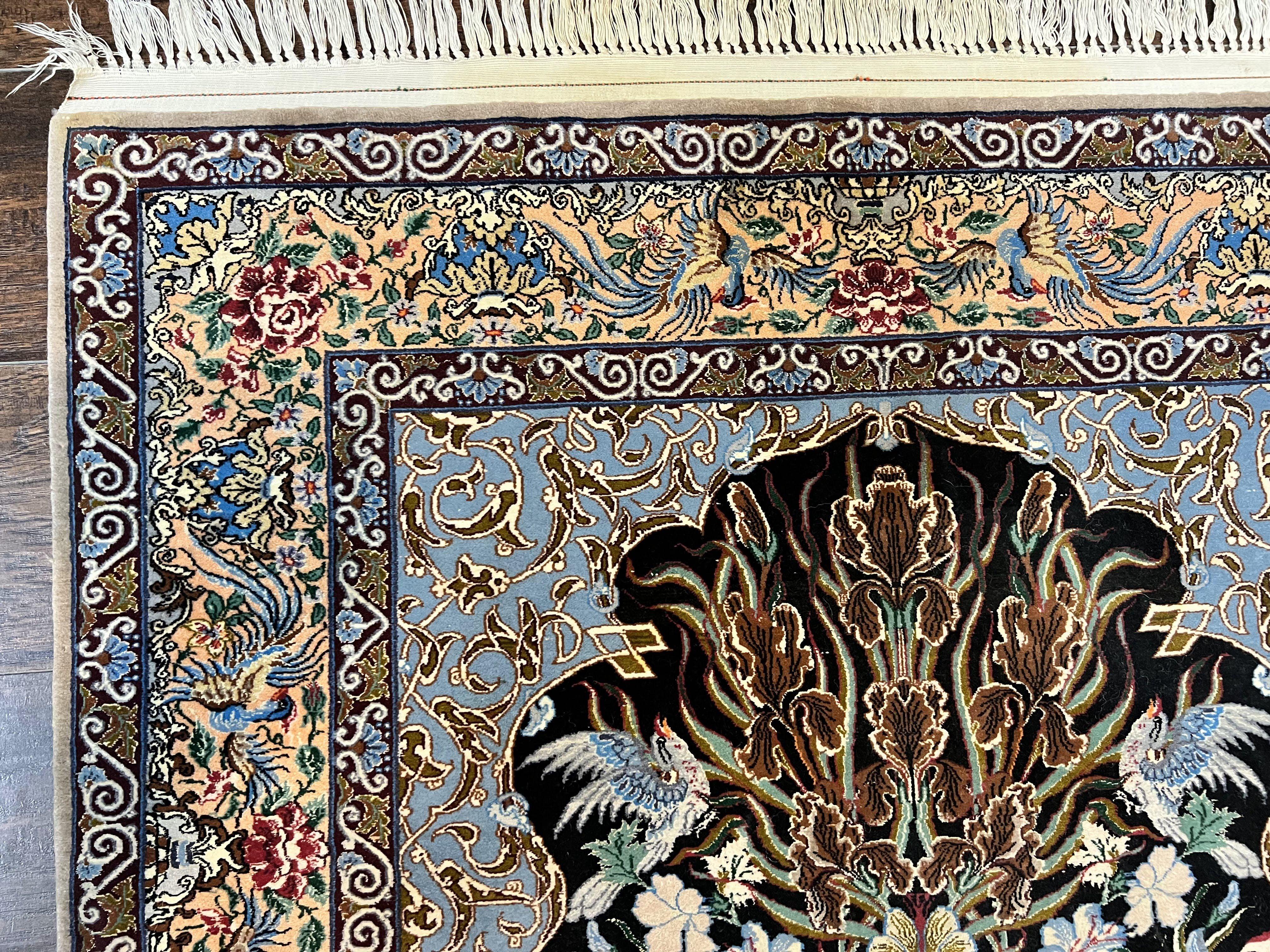 Wonderful Persian Isfahan Rug 3.7 x 5, Kork Wool on Silk Foundation, Very Fine 460 KPSI, Tree of Life Persian Vase Design Animal Pictorials Peacocks - Image 6