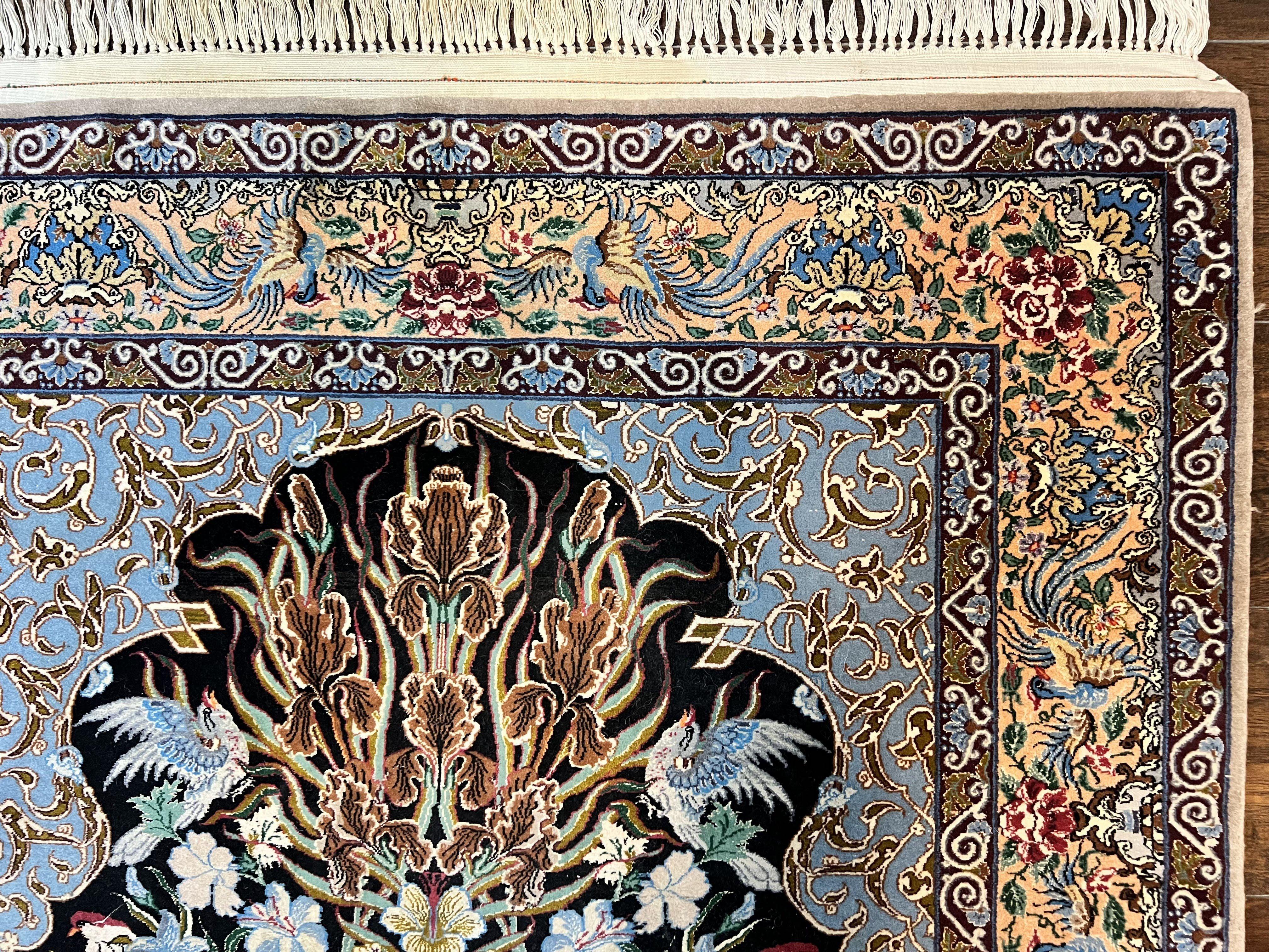 Wonderful Persian Isfahan Rug 3.7 x 5, Kork Wool on Silk Foundation, Very Fine 460 KPSI, Tree of Life Persian Vase Design Animal Pictorials Peacocks - Image 7