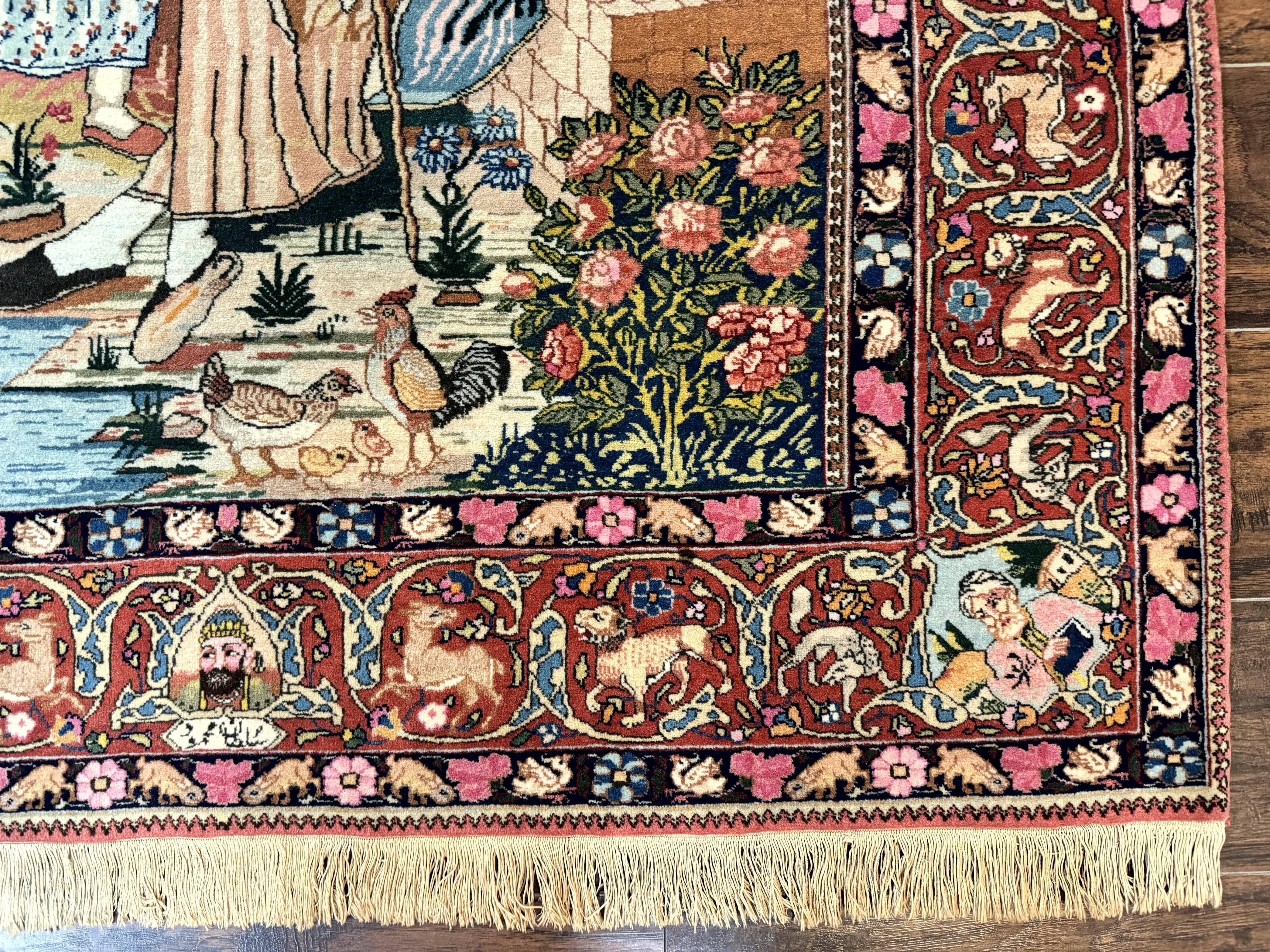 Wonderful Persian Kashan Pictorial Rug 4.7 x 6.5, Persian Rug for Wall Hanging, Handmade Antique Wool Carpet Animal Motifs Poetry Lovers, 240 KPSI - Image 9