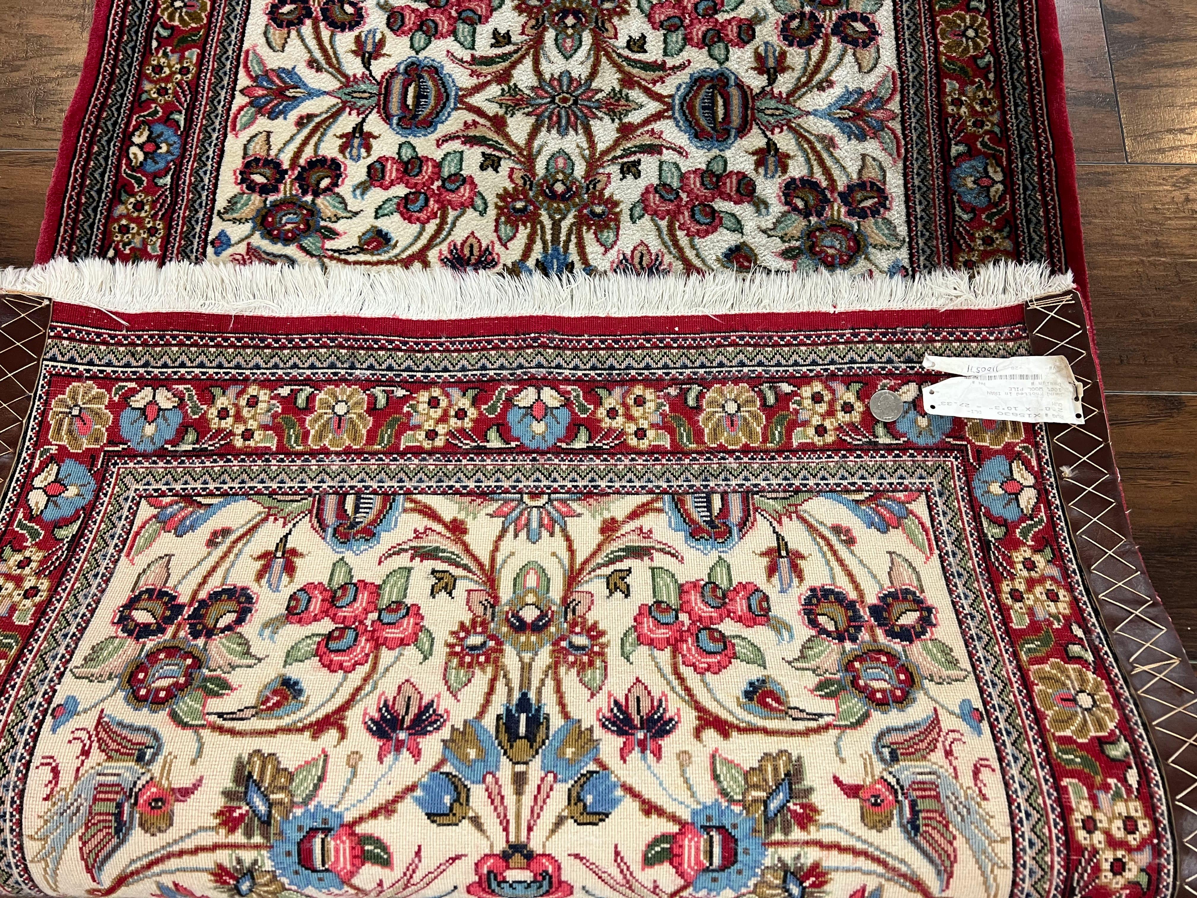 Wonderful Persian Qum Runner Rug 2.8 x 10 ft, Floral Medallions with Bird Motifs, Hand Knotted Wool Fine Oriental 10ft Hallway Runner, Cream Red - Image 11